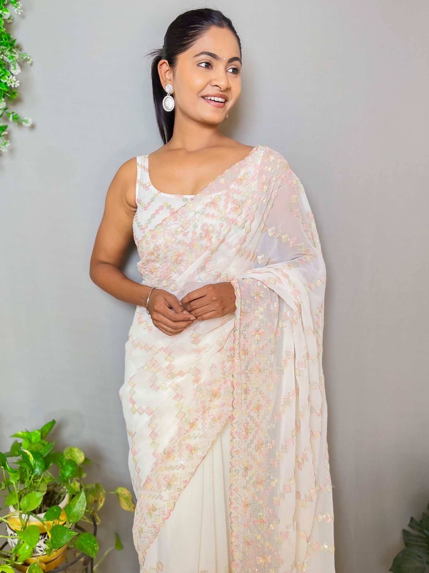 Women's Georgette Cream Embellished Designer Saree With Blouse Piece