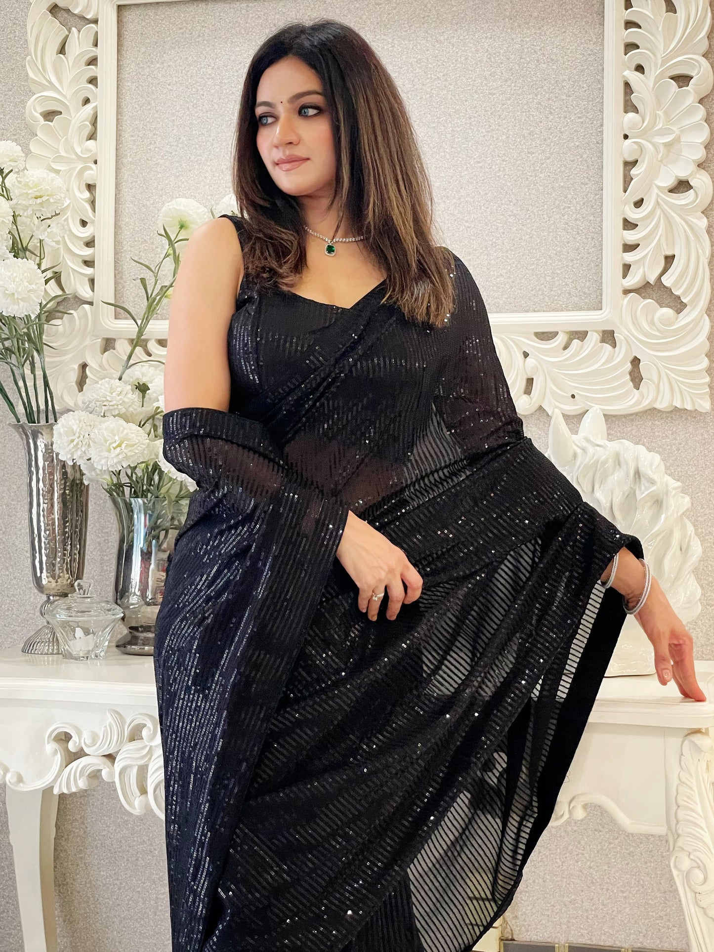 Women's Georgette Black Embellished Designer Saree With Blouse Piece