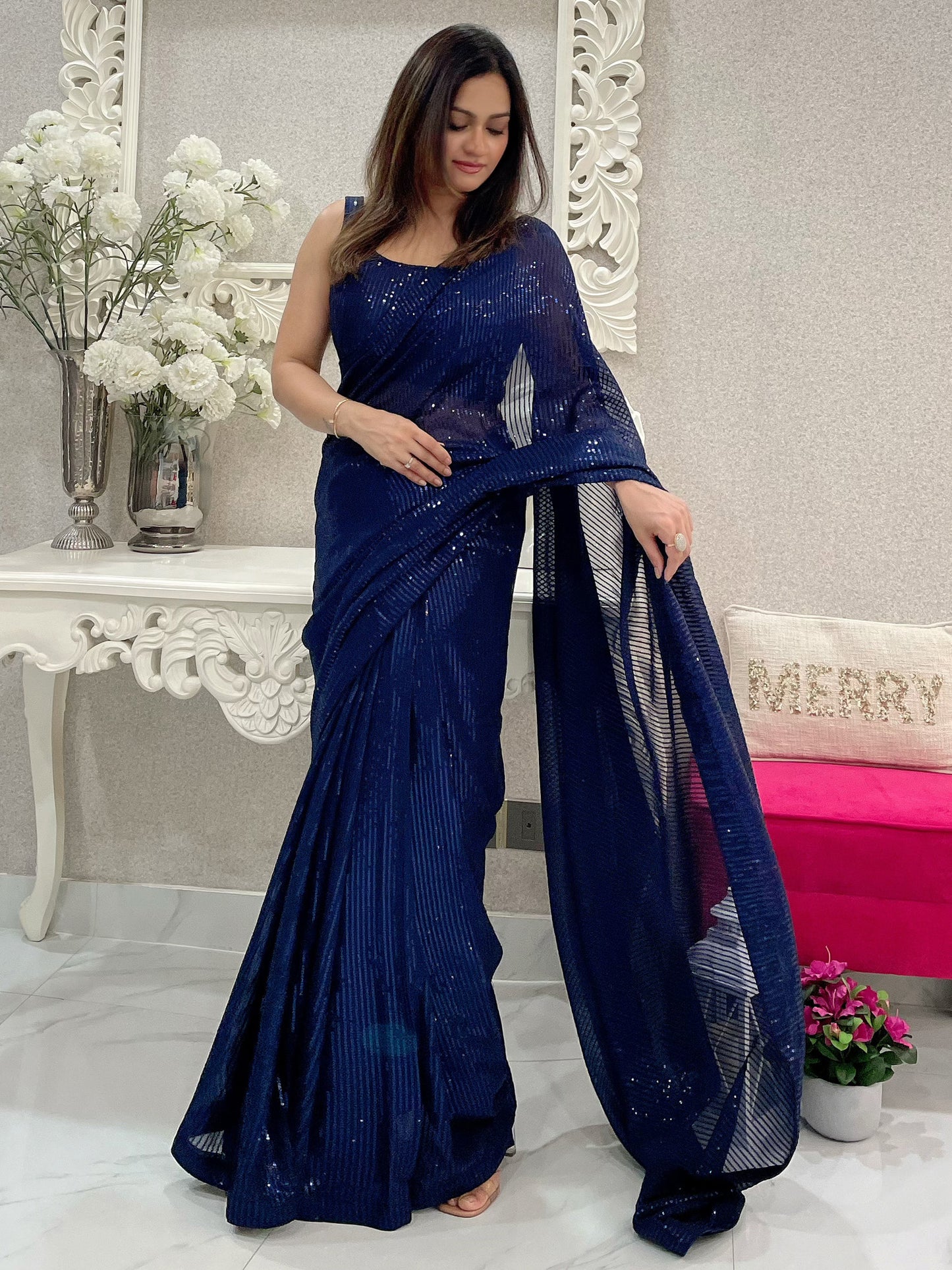 Women's Georgette Navy Blue Embellished Designer Saree With Blouse Piece