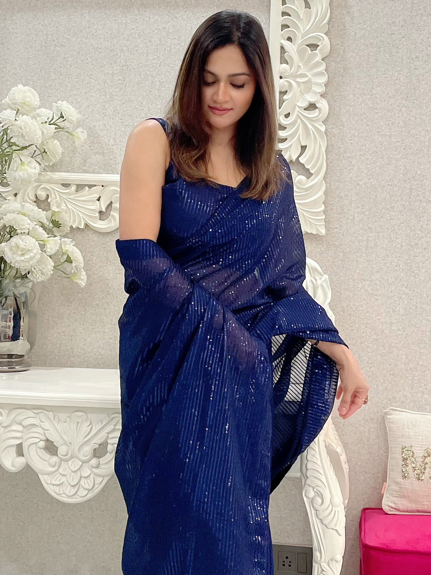 Women's Georgette Navy Blue Embellished Designer Saree With Blouse Piece