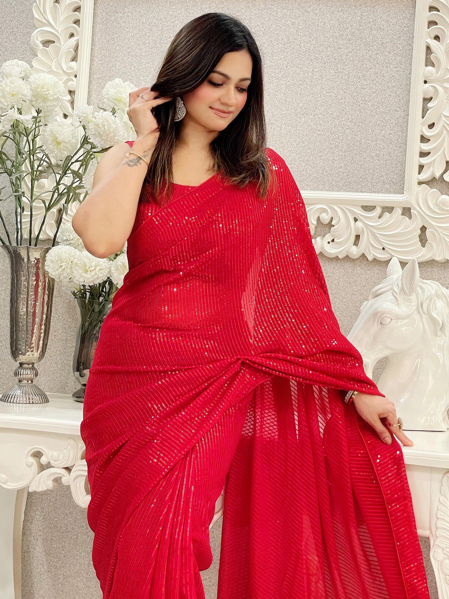 Women's Georgette Red Embellished Designer Saree With Blouse Piece