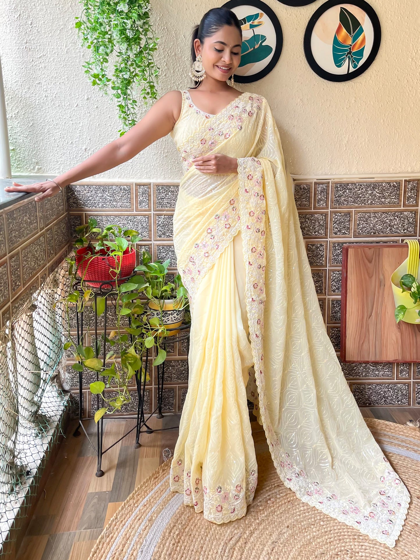 Women's Georgette Yellow Embellished Designer Saree With Blouse Piece