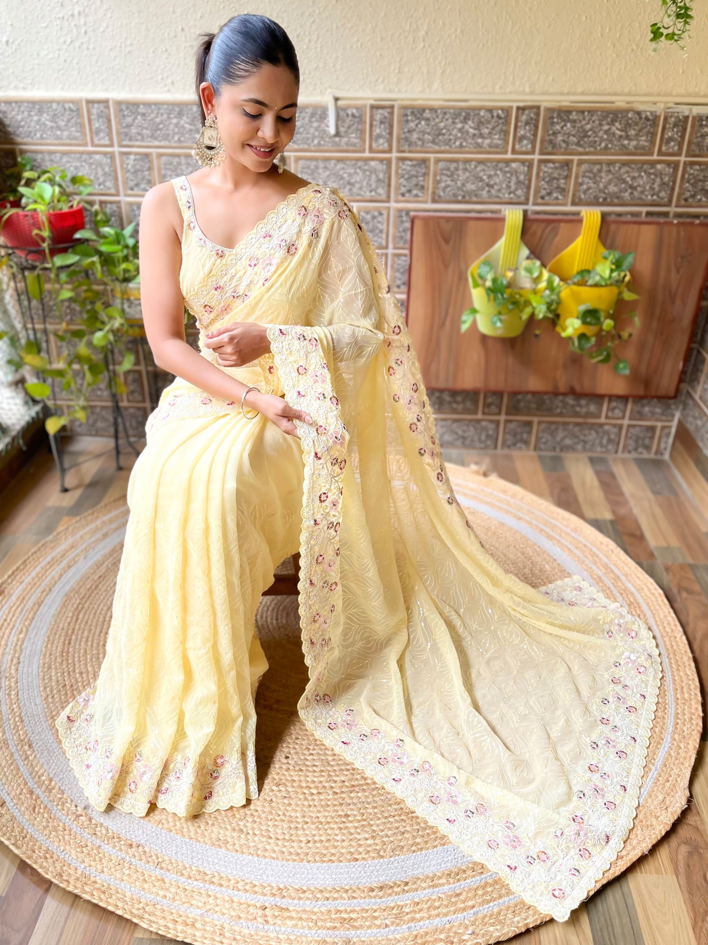 Women's Georgette Yellow Embellished Designer Saree With Blouse Piece