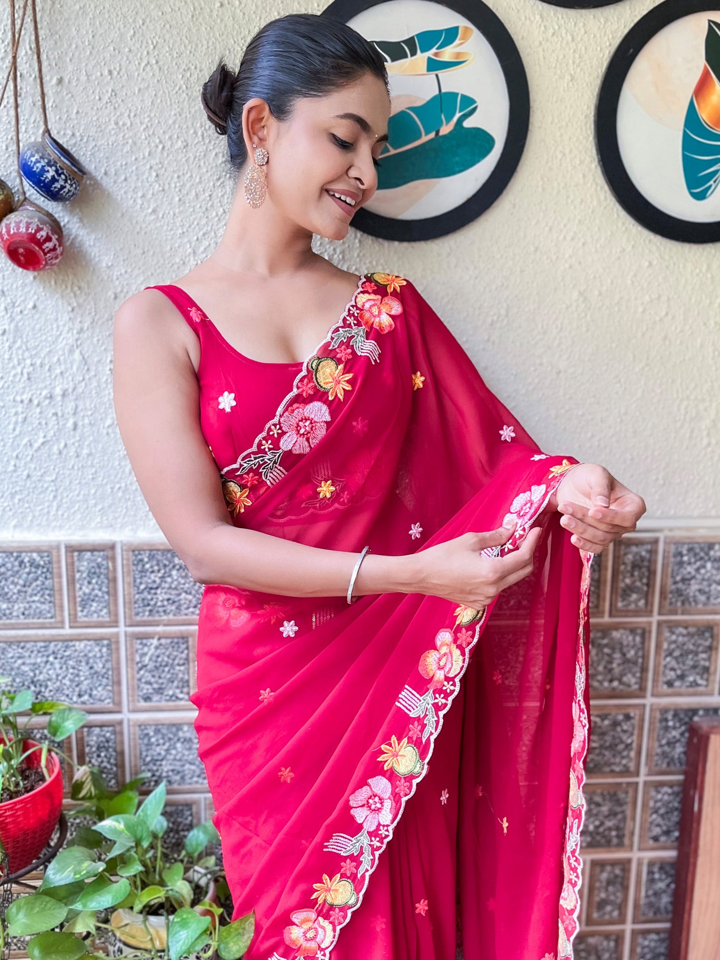 Women's Georgette Red Embroidered Designer Saree With Blouse Piece