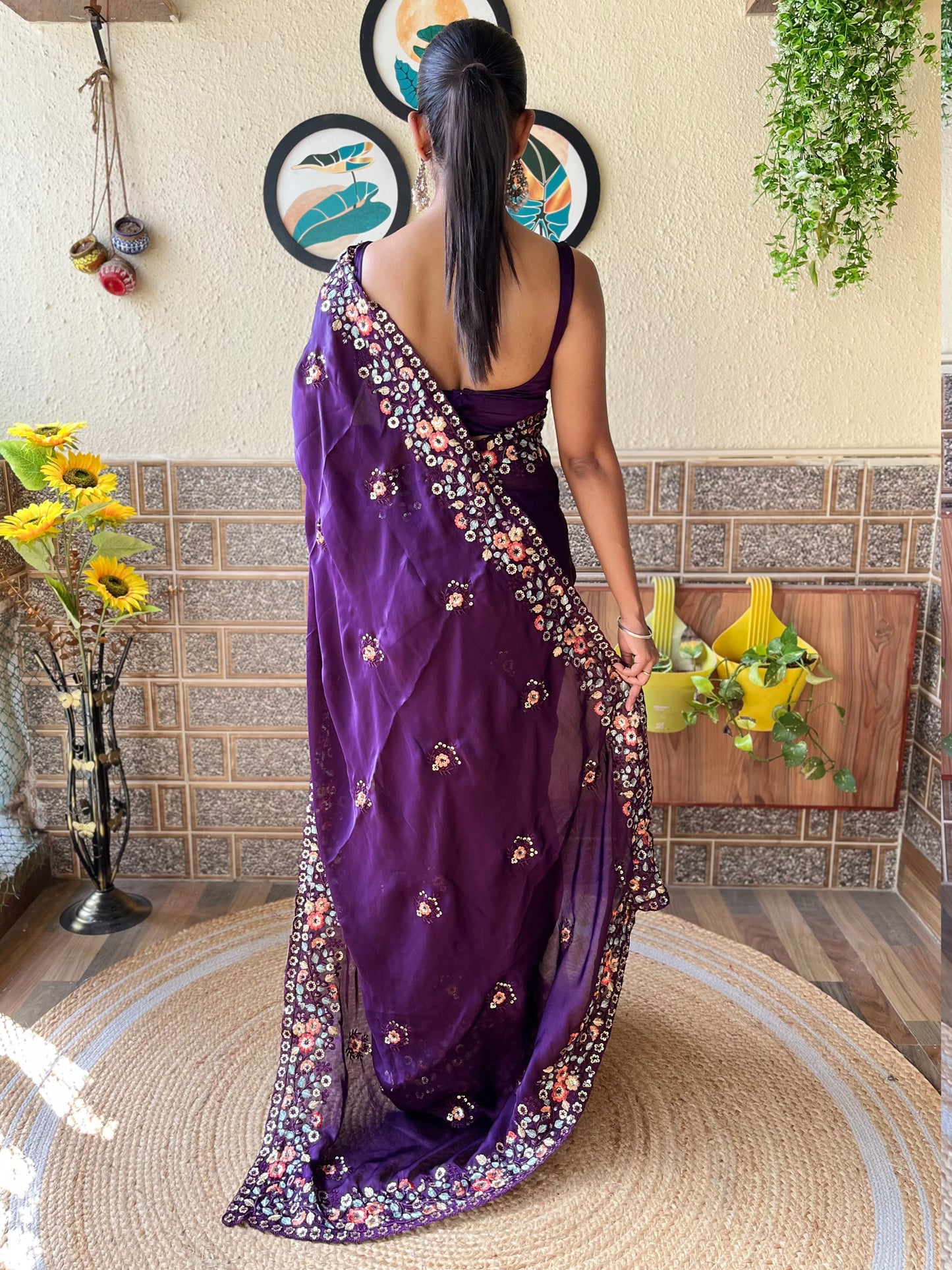 Women's Chiffon Purple Embellished Designer Saree With Blouse Piece