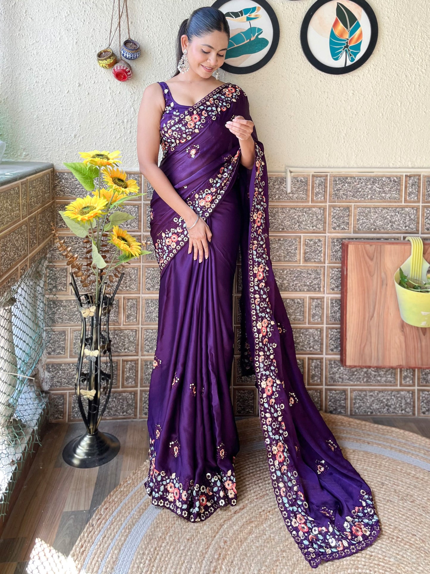Women's Chiffon Purple Embellished Designer Saree With Blouse Piece