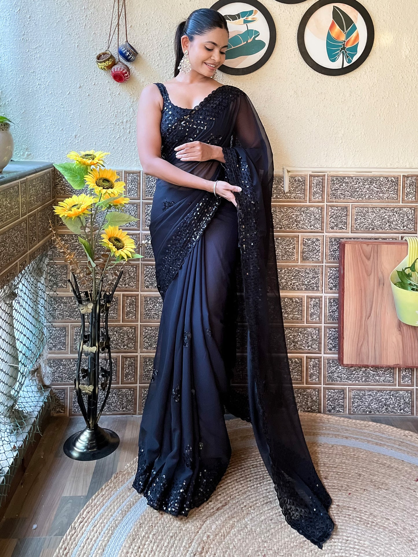 Women's Georgette Black Embellished Designer Saree With Blouse Piece