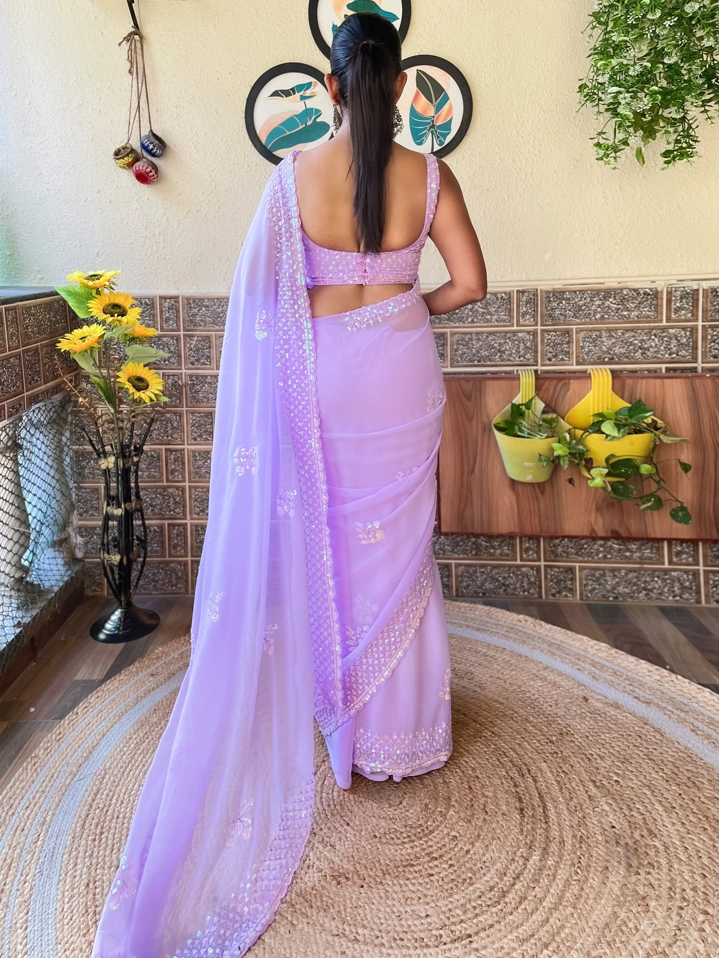 Women's Georgette Lavendar Embellished Designer Saree With Blouse Piece