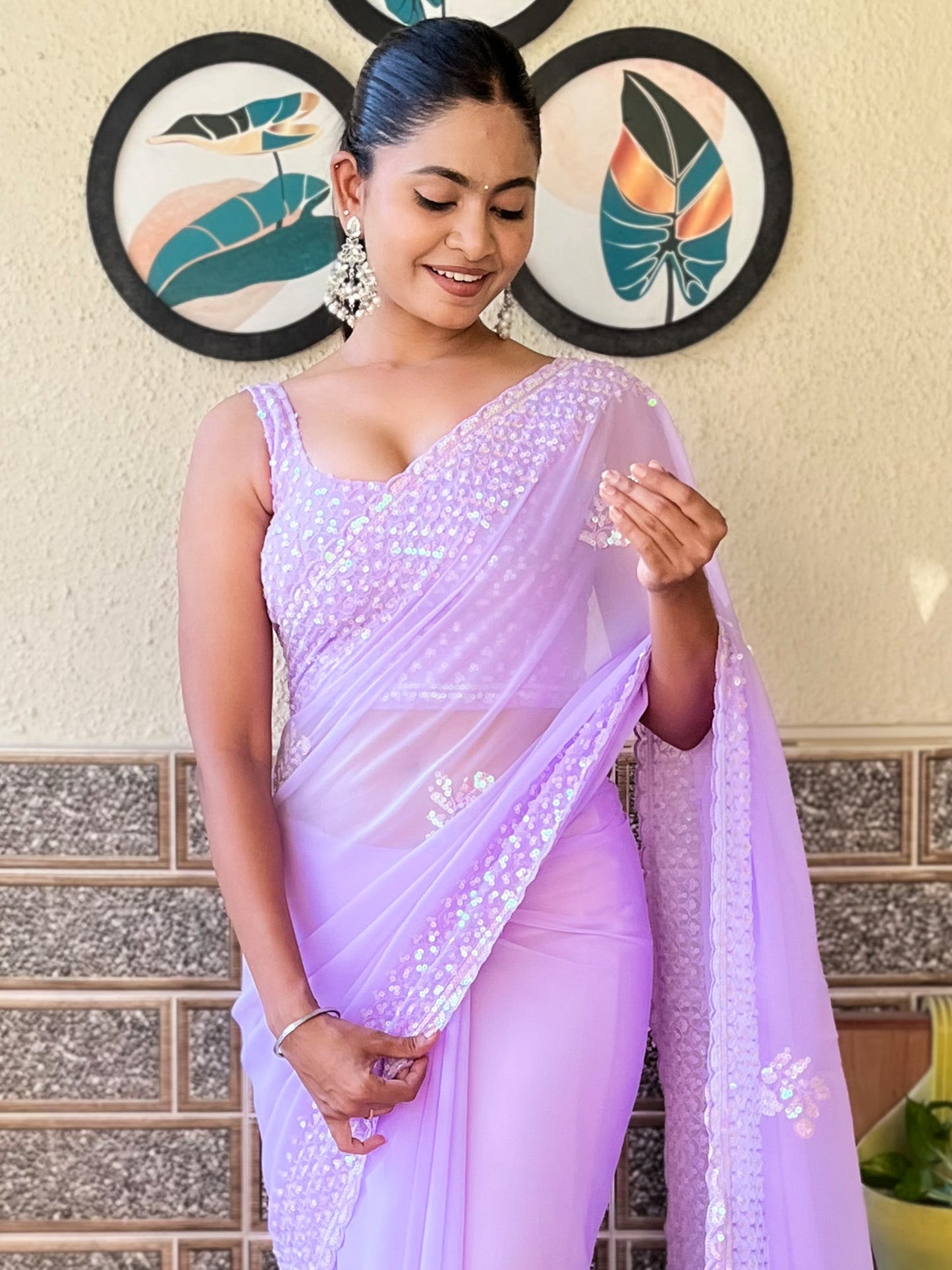 Women's Georgette Lavendar Embellished Designer Saree With Blouse Piece