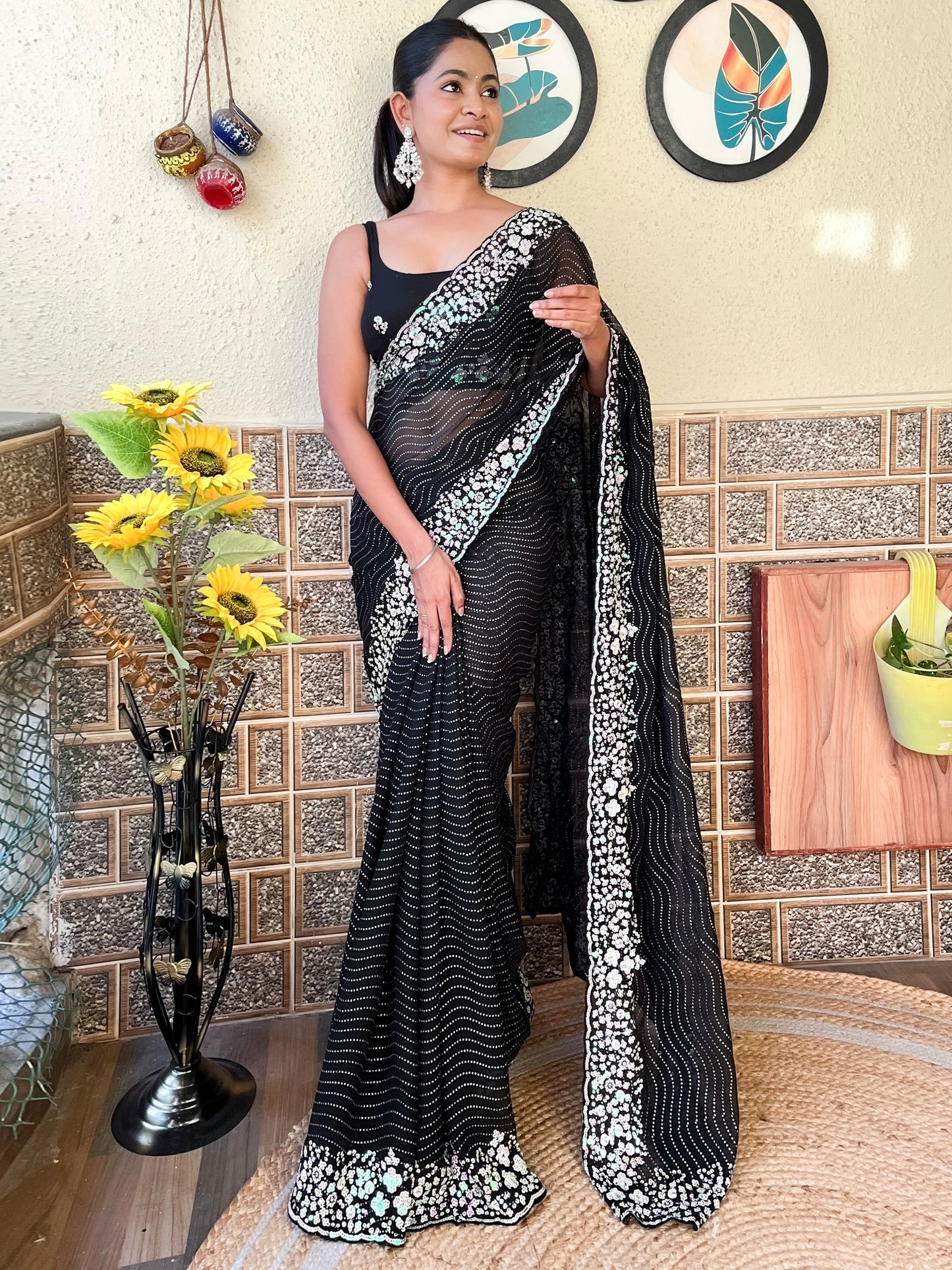 Women's Georgette Black Embellished Designer Saree With Blouse Piece