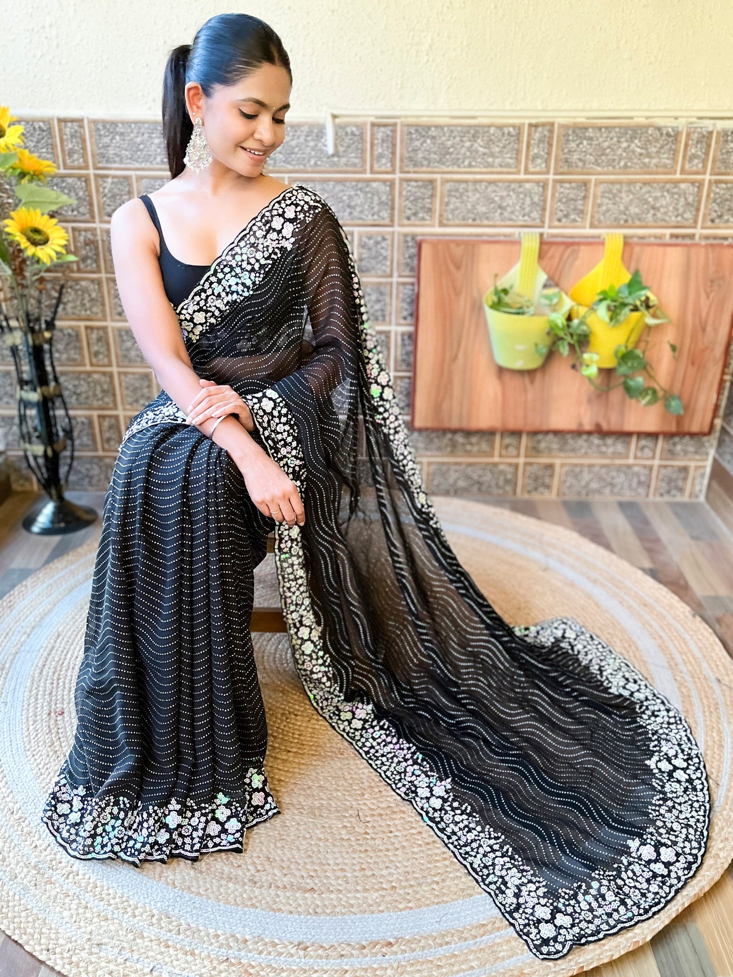 Women's Georgette Black Embellished Designer Saree With Blouse Piece