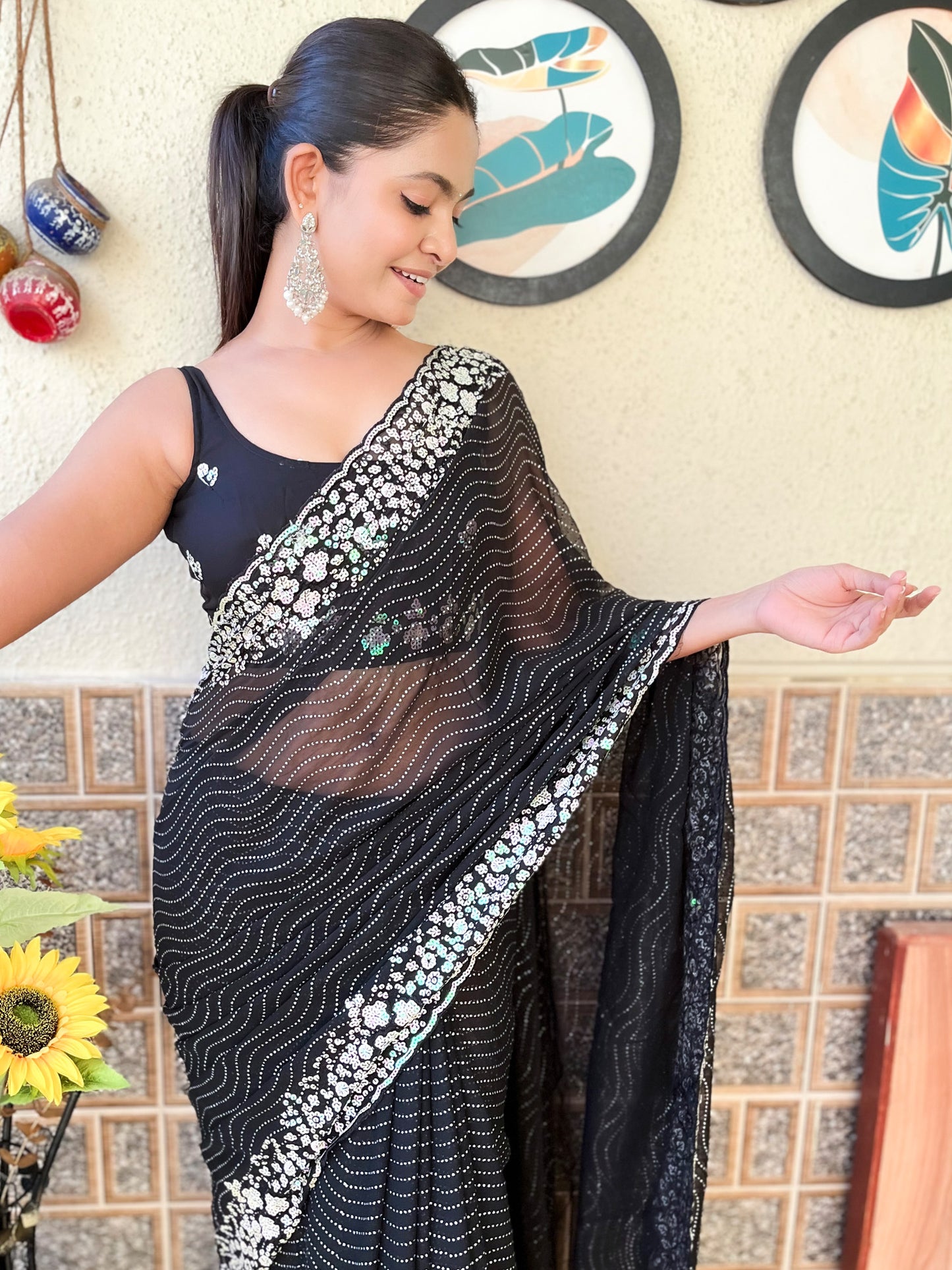 Women's Georgette Black Embellished Designer Saree With Blouse Piece