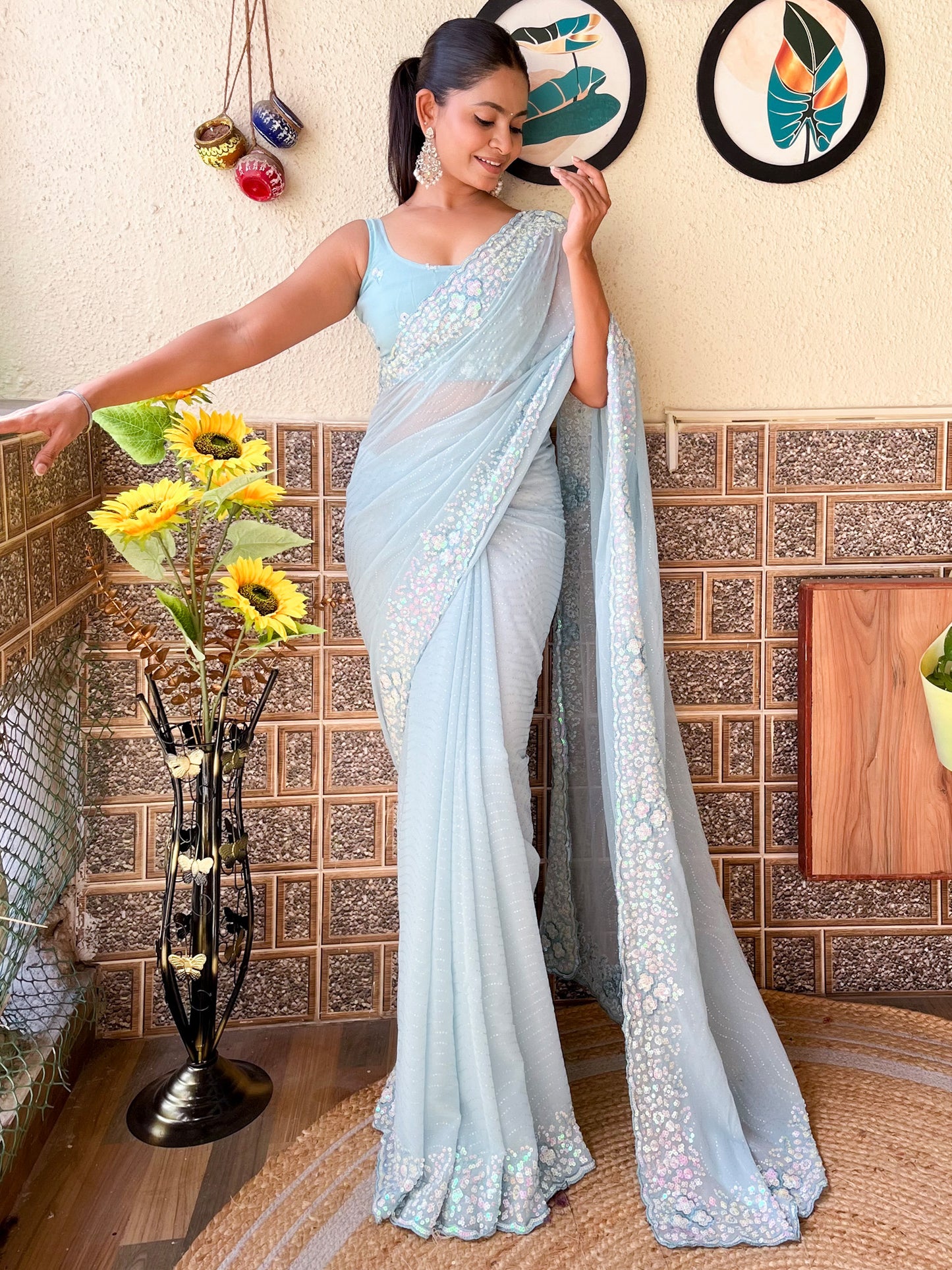 Women's Georgette Light Blue Embellished Designer Saree With Blouse Piece