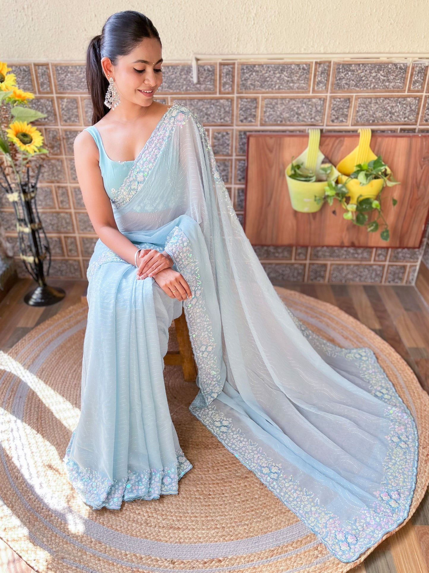 Women's Georgette Light Blue Embellished Designer Saree With Blouse Piece