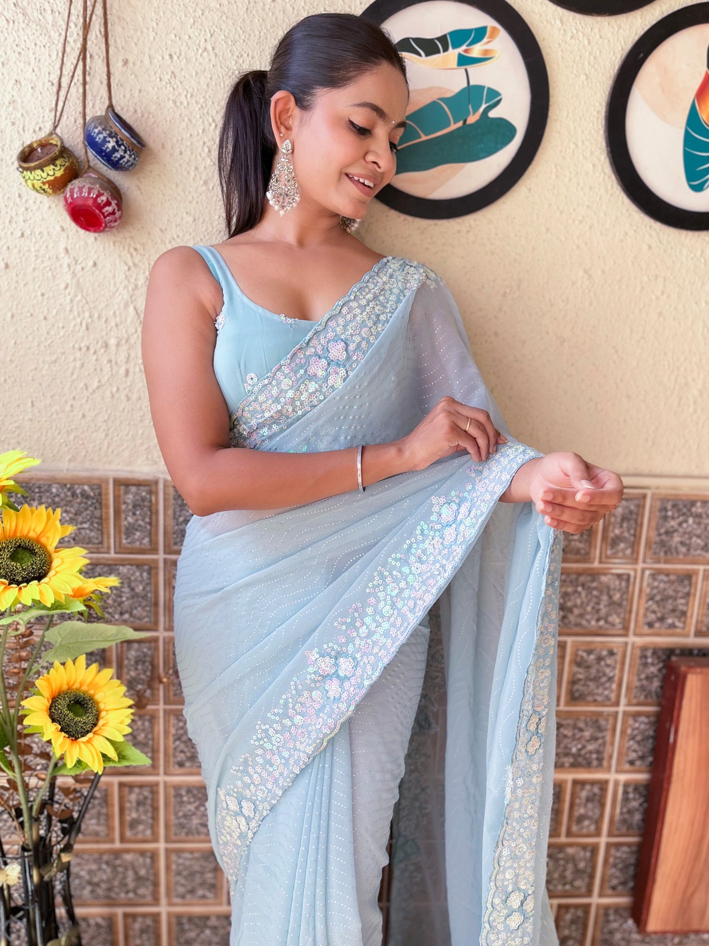 Women's Georgette Light Blue Embellished Designer Saree With Blouse Piece
