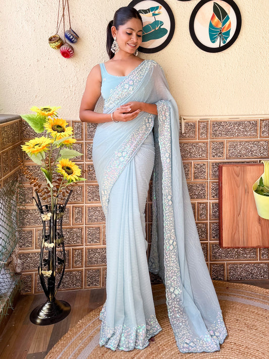 Women's Georgette Light Blue Embellished Designer Saree With Blouse Piece