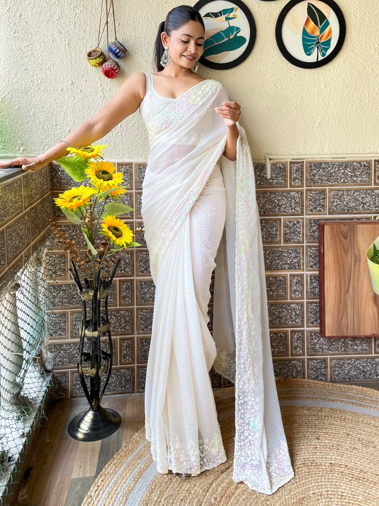Women's Georgette Off White Embellished Designer Saree With Blouse Piece