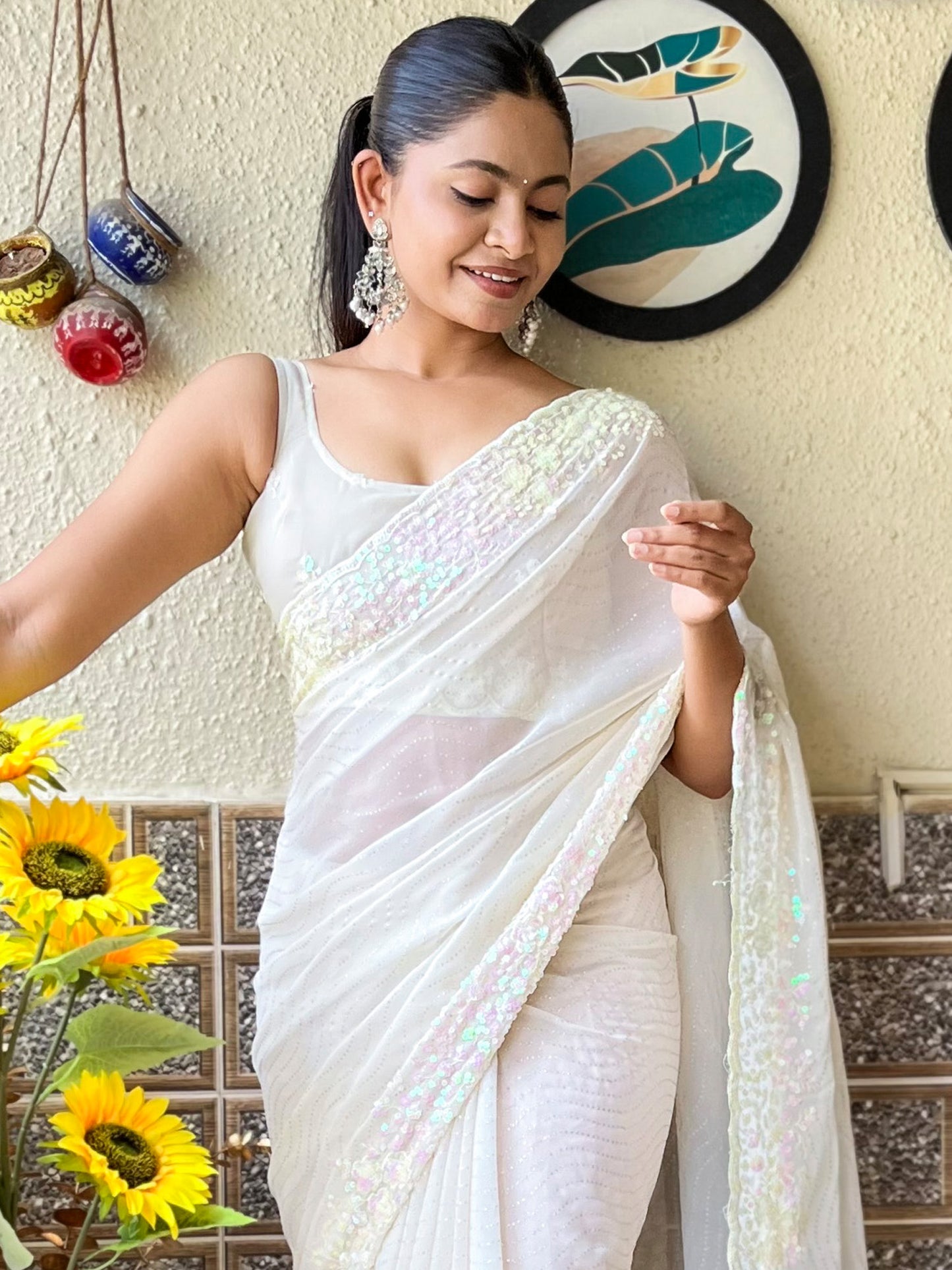 Women's Georgette Off White Embellished Designer Saree With Blouse Piece