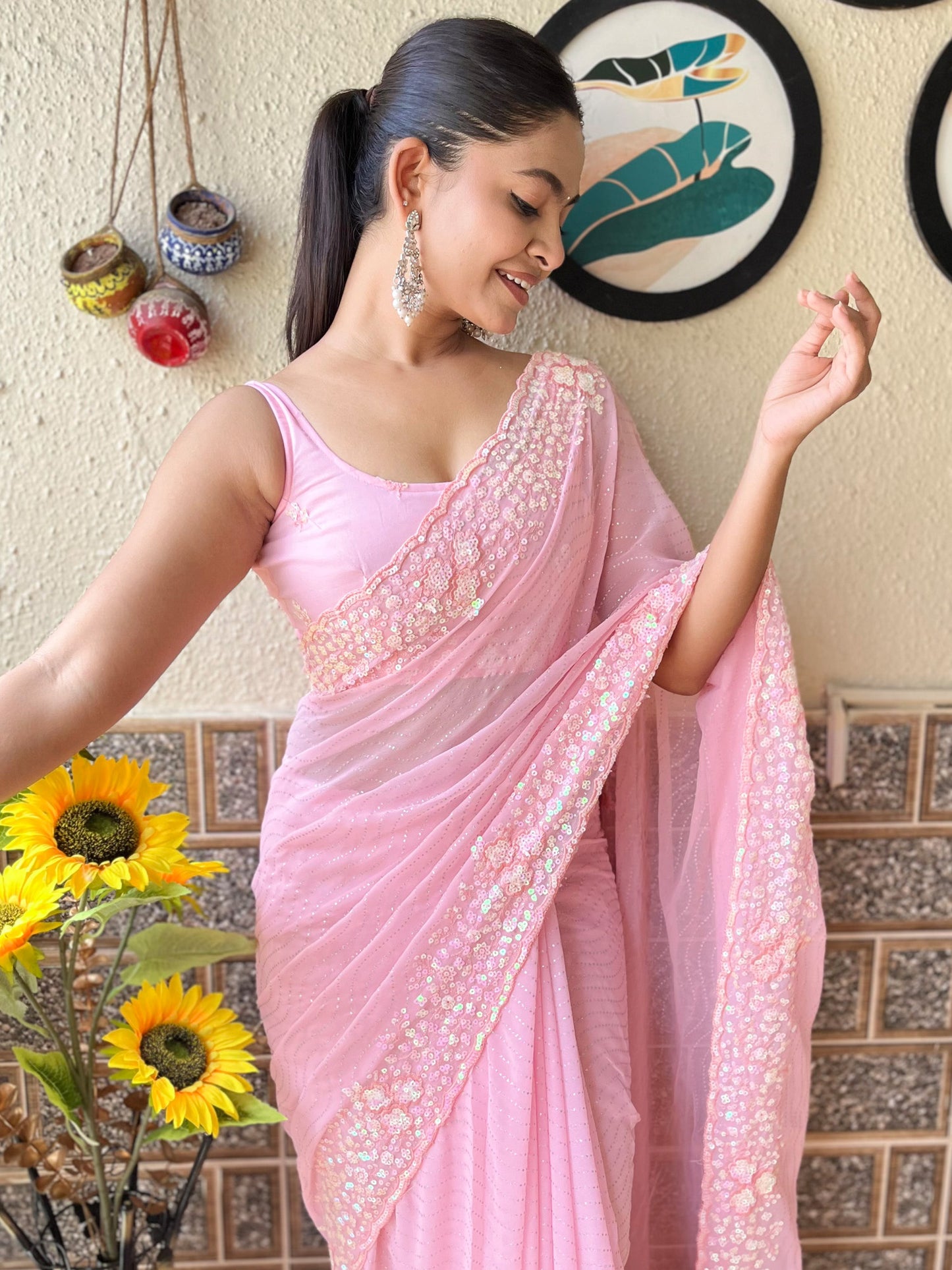 Women's Georgette Pink Embellished Designer Saree With Blouse Piece