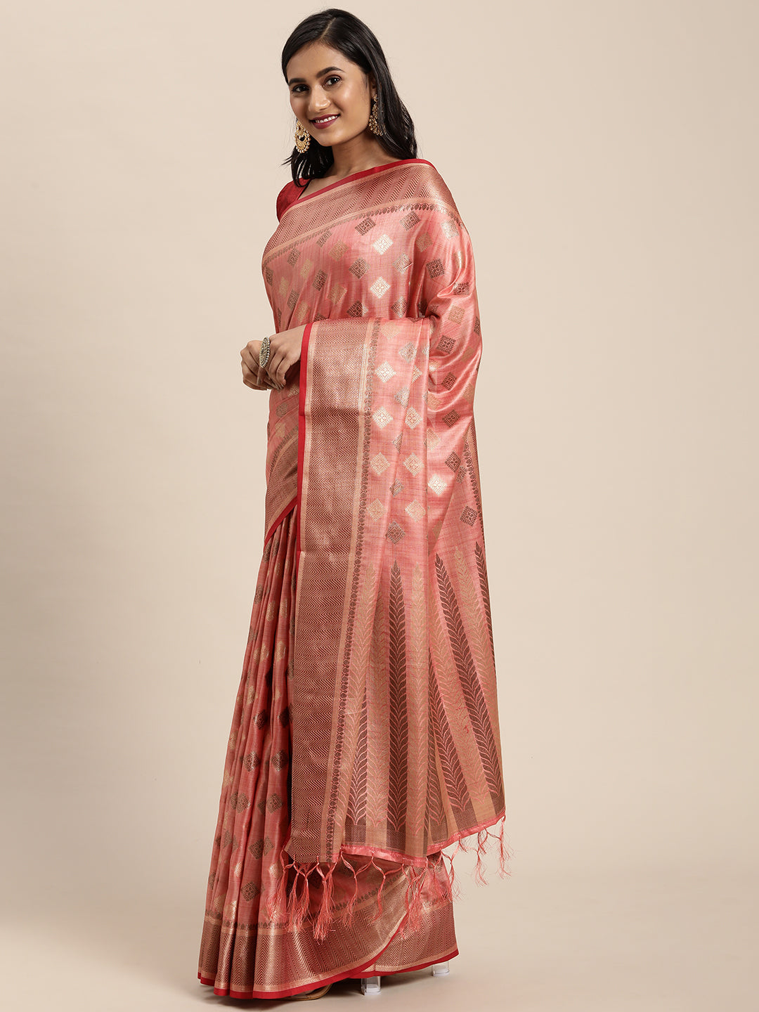 Dhiyona GR Women's Kesar Rose Gold Pink Zari Woven Design Banarasi Pure Cotton Saree