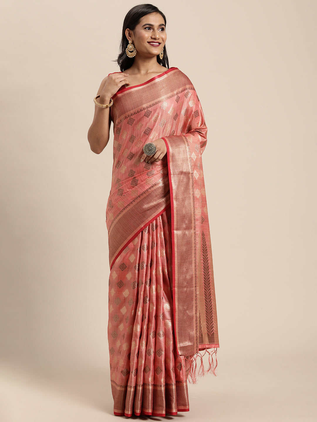 Dhiyona GR Women's Kesar Rose Gold Pink Zari Woven Design Banarasi Pure Cotton Saree