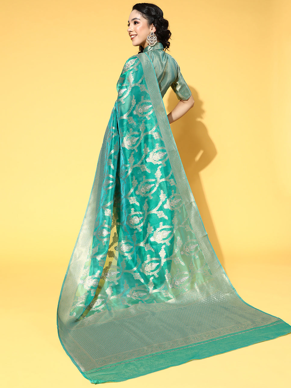 Women's Organza Teal green Woven Design Celebrity Saree With Blouse Piece