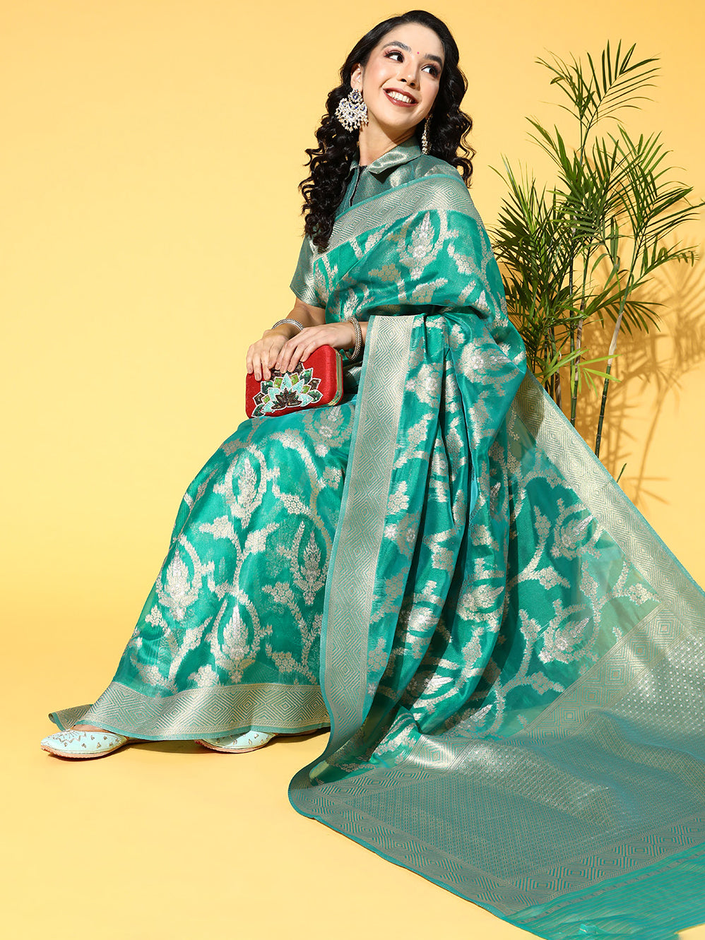 Women's Organza Teal green Woven Design Celebrity Saree With Blouse Piece
