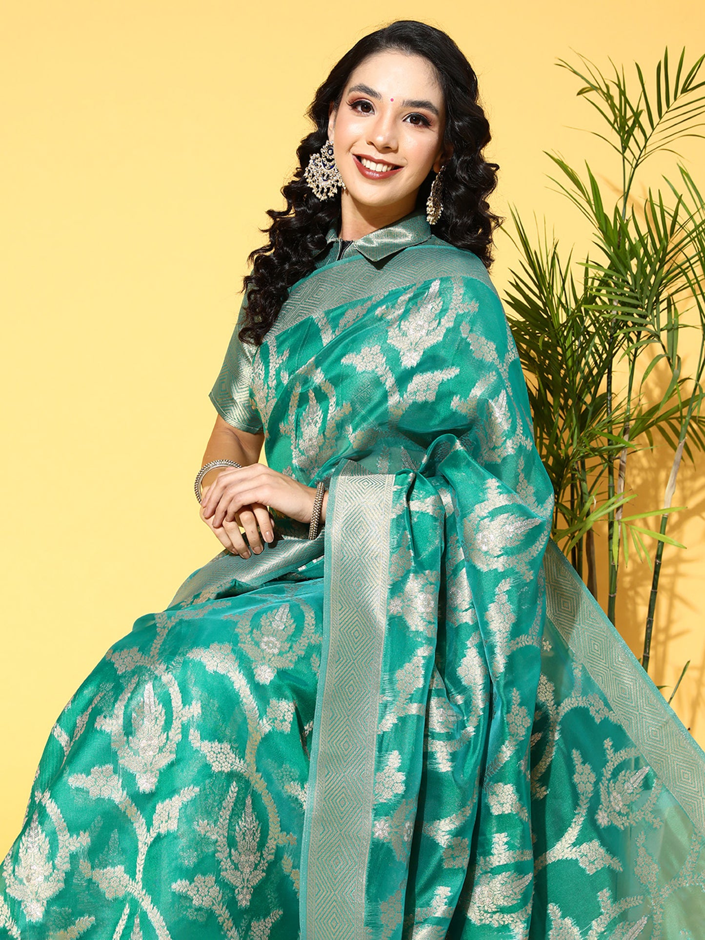 Women's Organza Teal green Woven Design Celebrity Saree With Blouse Piece