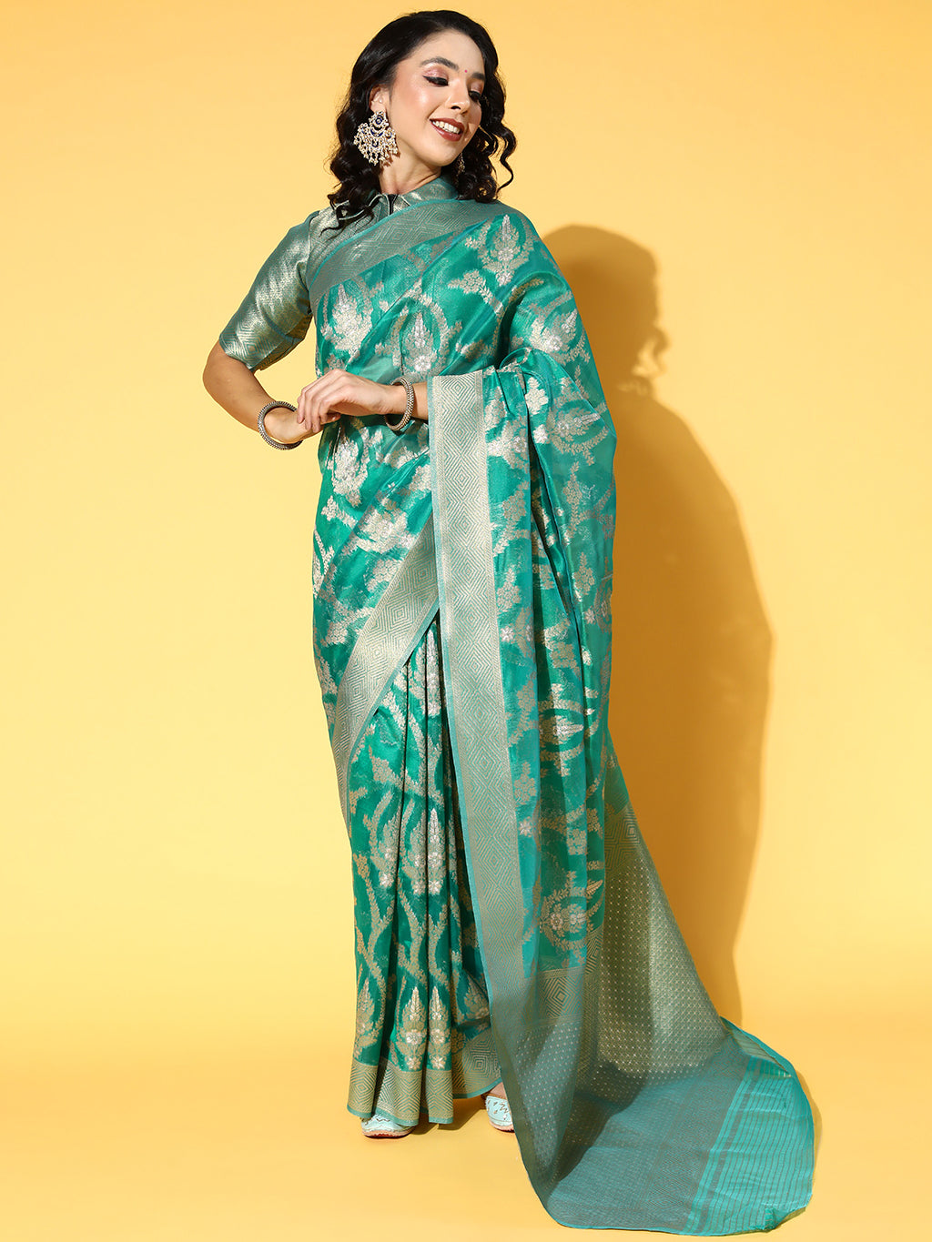 Women's Organza Teal green Woven Design Celebrity Saree With Blouse Piece