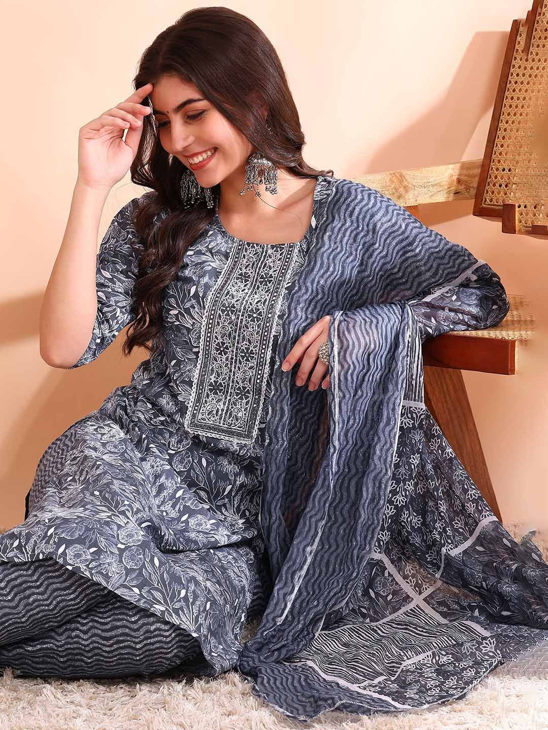 Dhiyona OD Printed Mirror Work Pure Cotton Kurta With Trousers & Dupatta