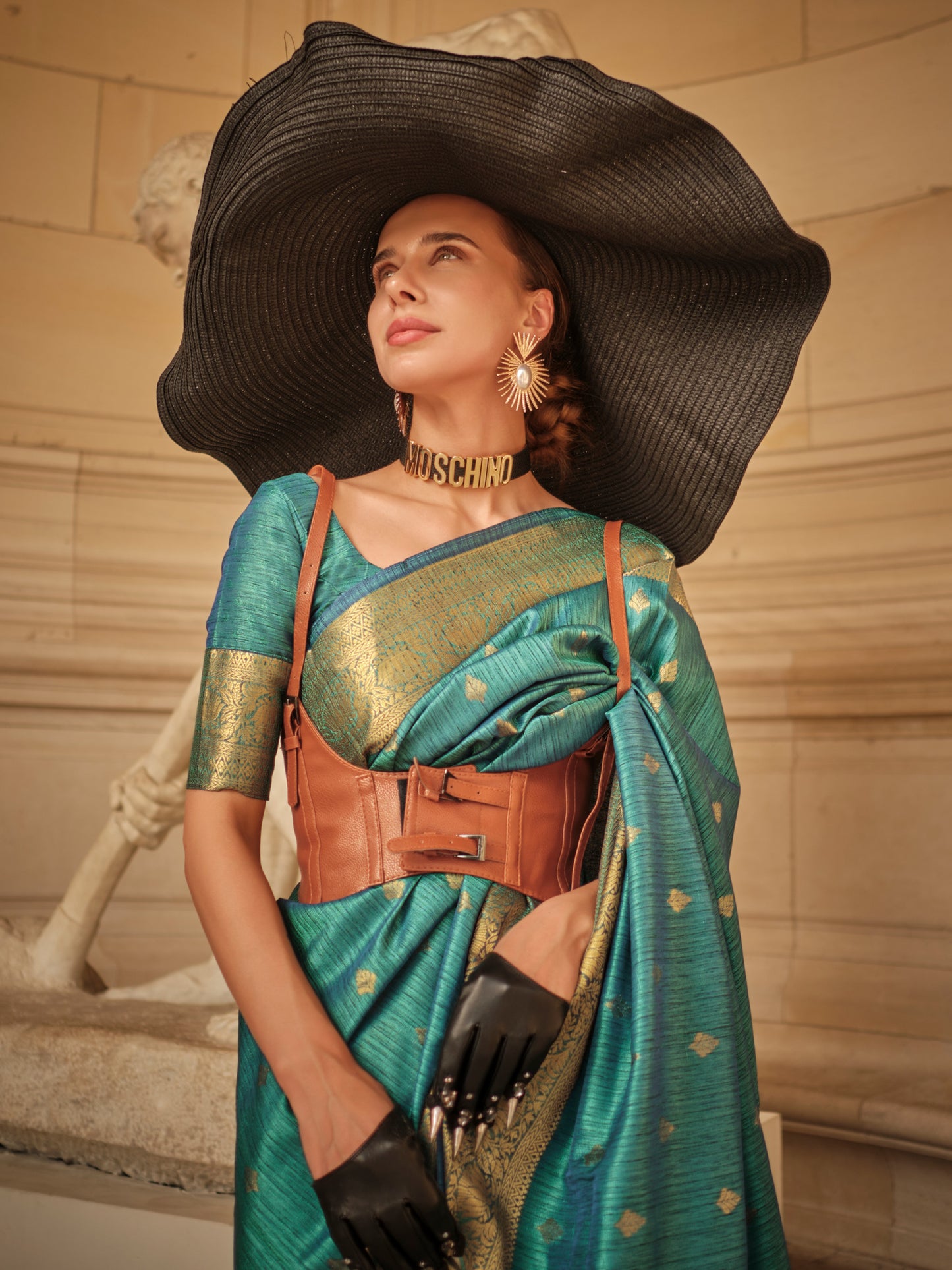 Women's Silk Blend Teal blue Woven Design Designer Saree With Blouse Piece
