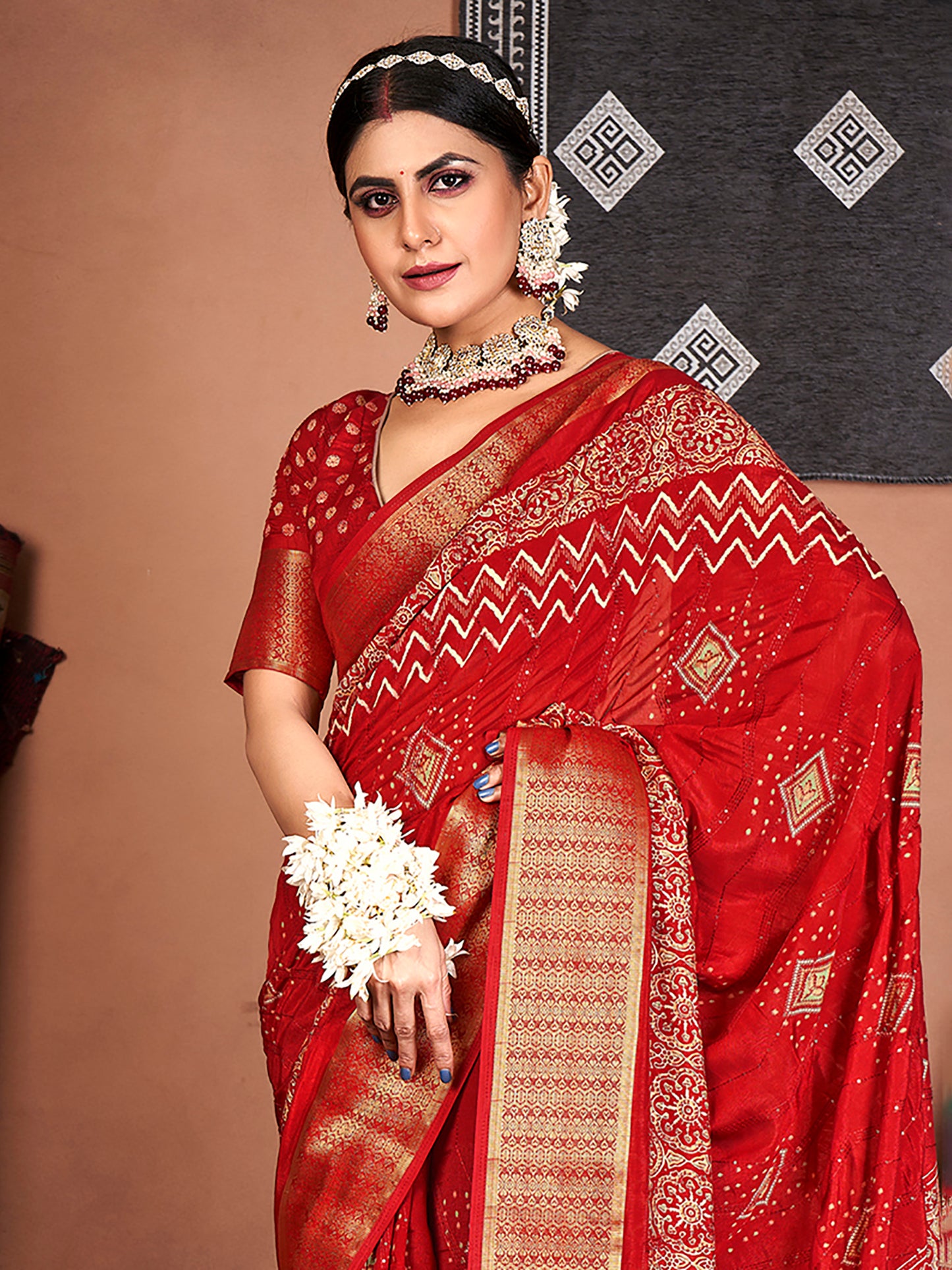 Women's Silk Blend Red Embroidered Designer Saree With Blouse Piece