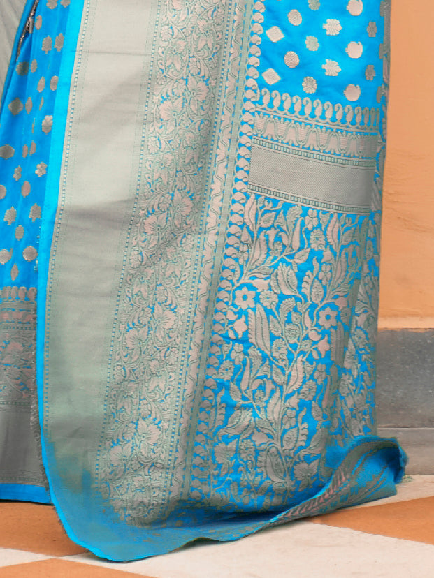 Women's Nylon Turquoise Woven Design Handloom Saree With Blouse Piece
