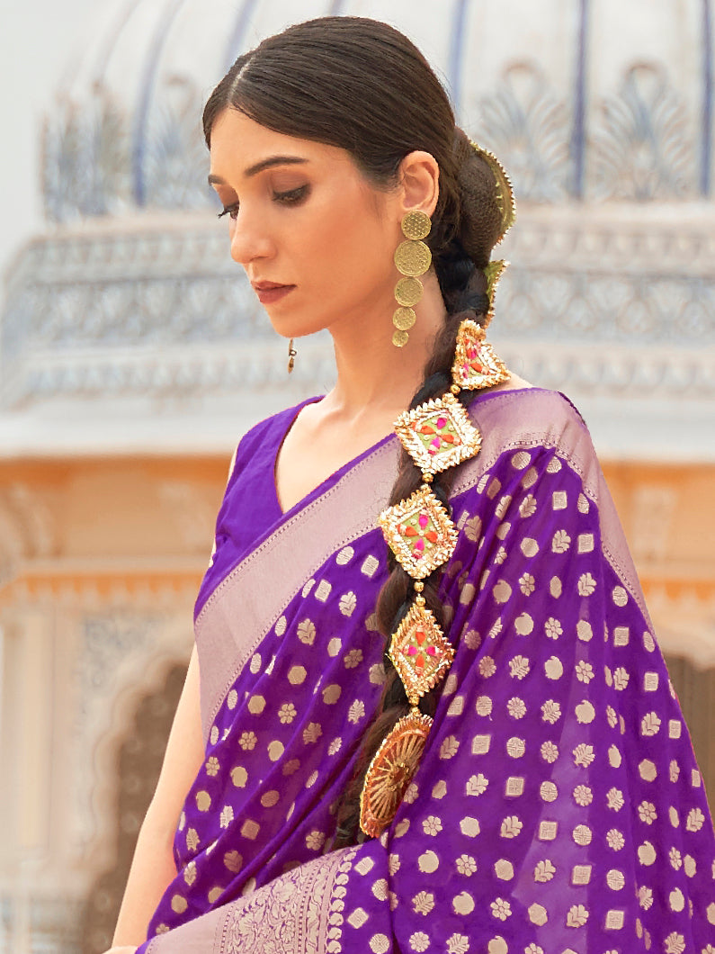 Women's Nylon Violet Woven Design Handloom Saree With Blouse Piece