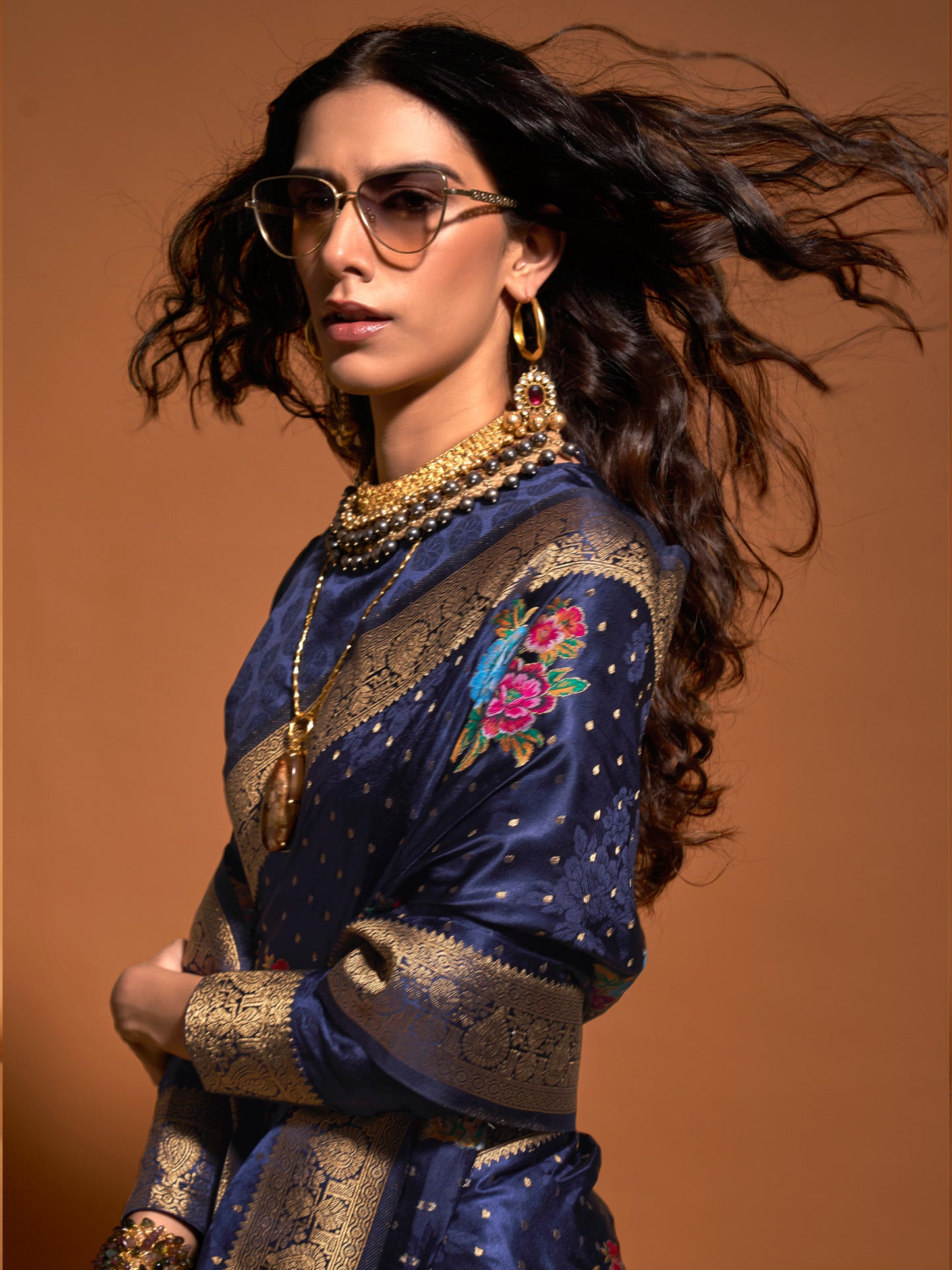 Women's Satin Silk Navy Blue Woven Design Designer Saree With Blouse Piece