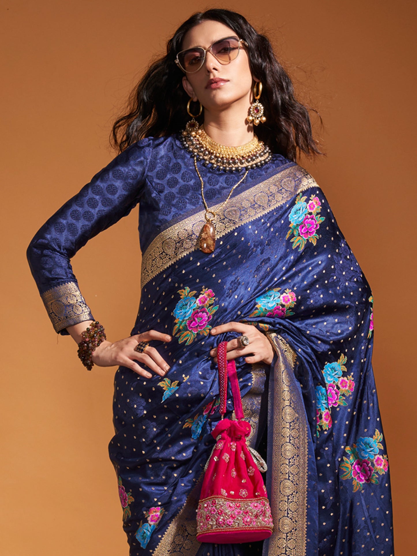 Women's Satin Silk Navy Blue Woven Design Designer Saree With Blouse Piece