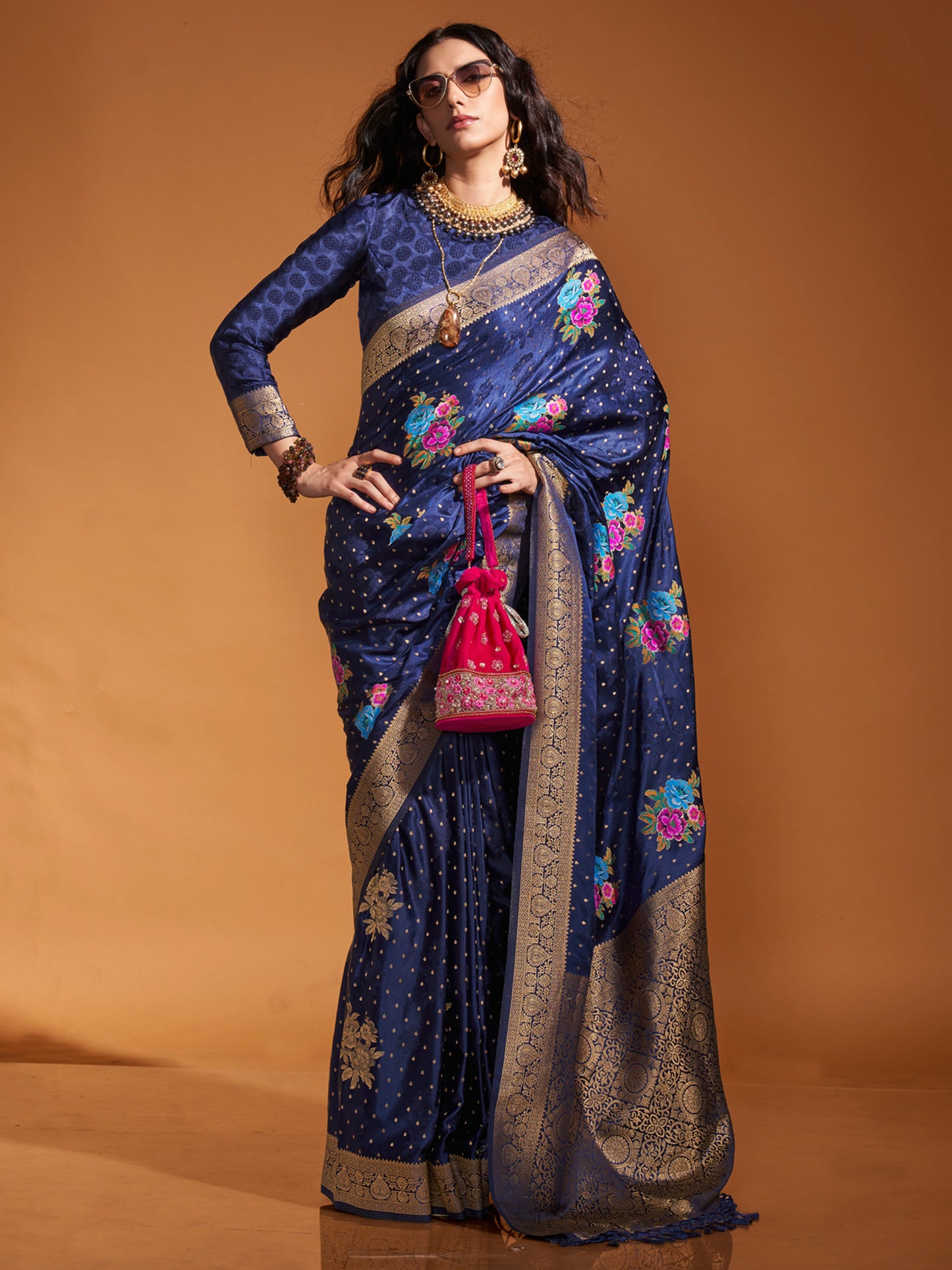Women's Satin Silk Navy Blue Woven Design Designer Saree With Blouse Piece