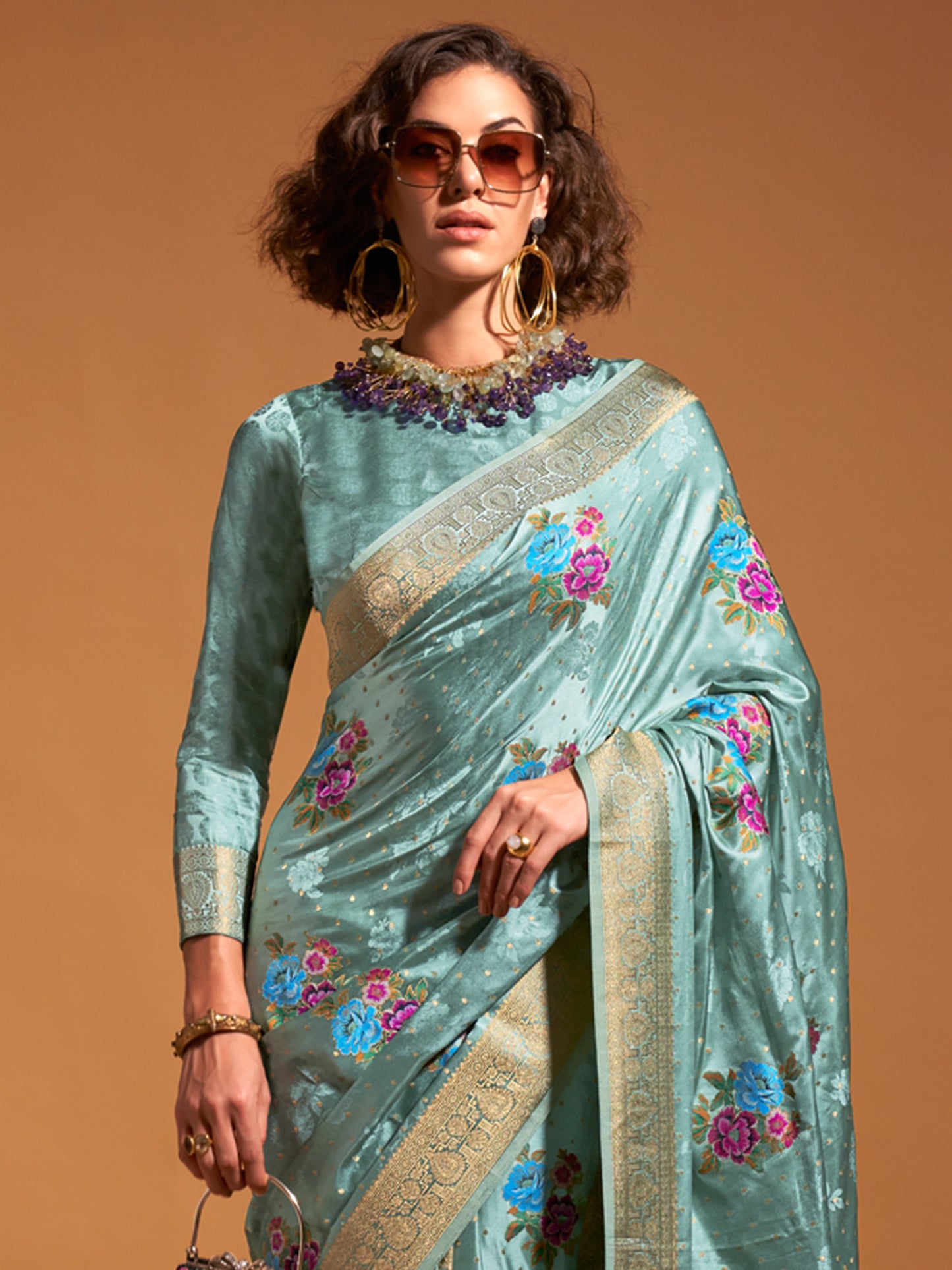 Women's Satin Silk Light Blue Woven Design Designer Saree With Blouse Piece