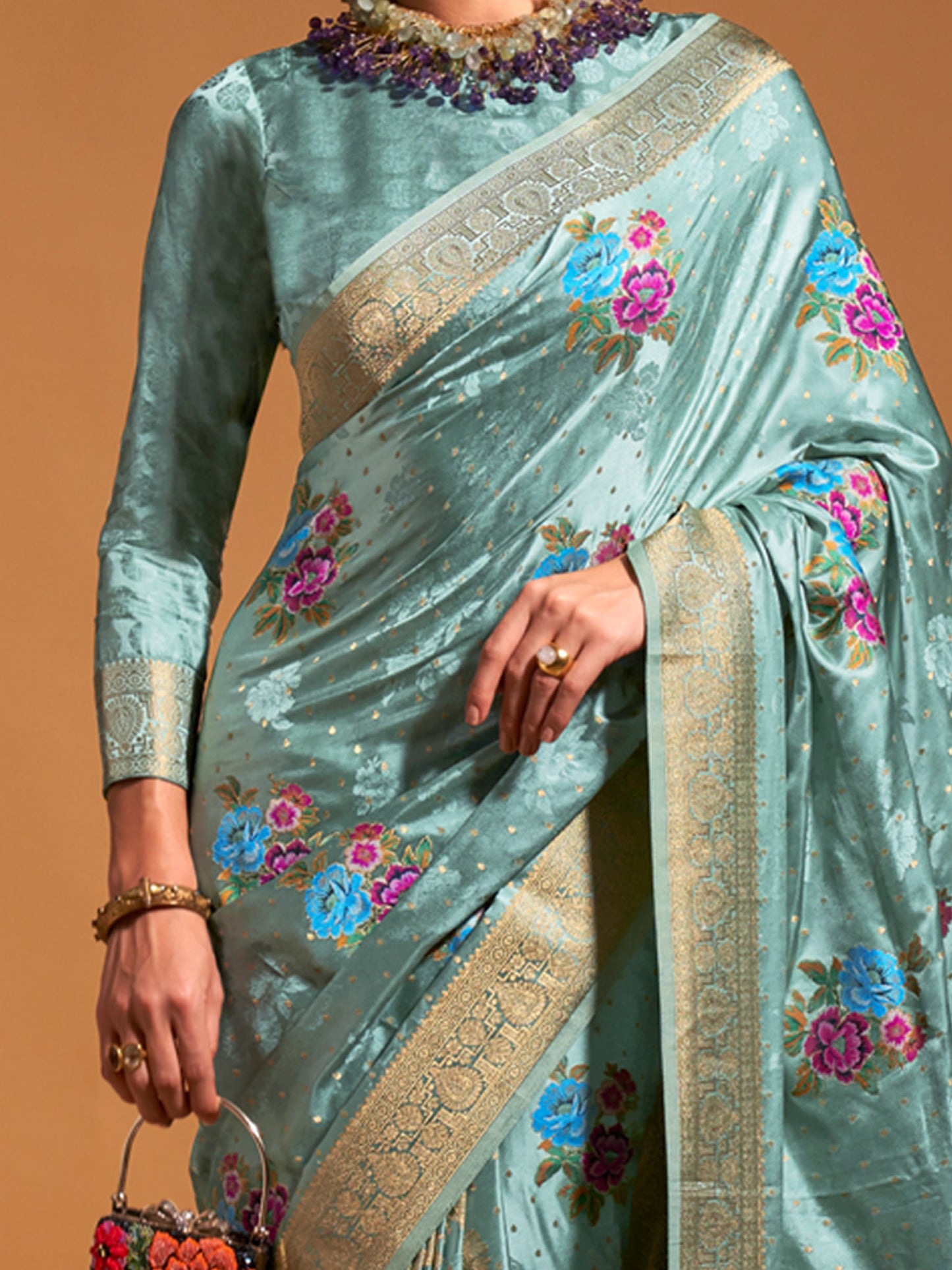 Women's Satin Silk Light Blue Woven Design Designer Saree With Blouse Piece