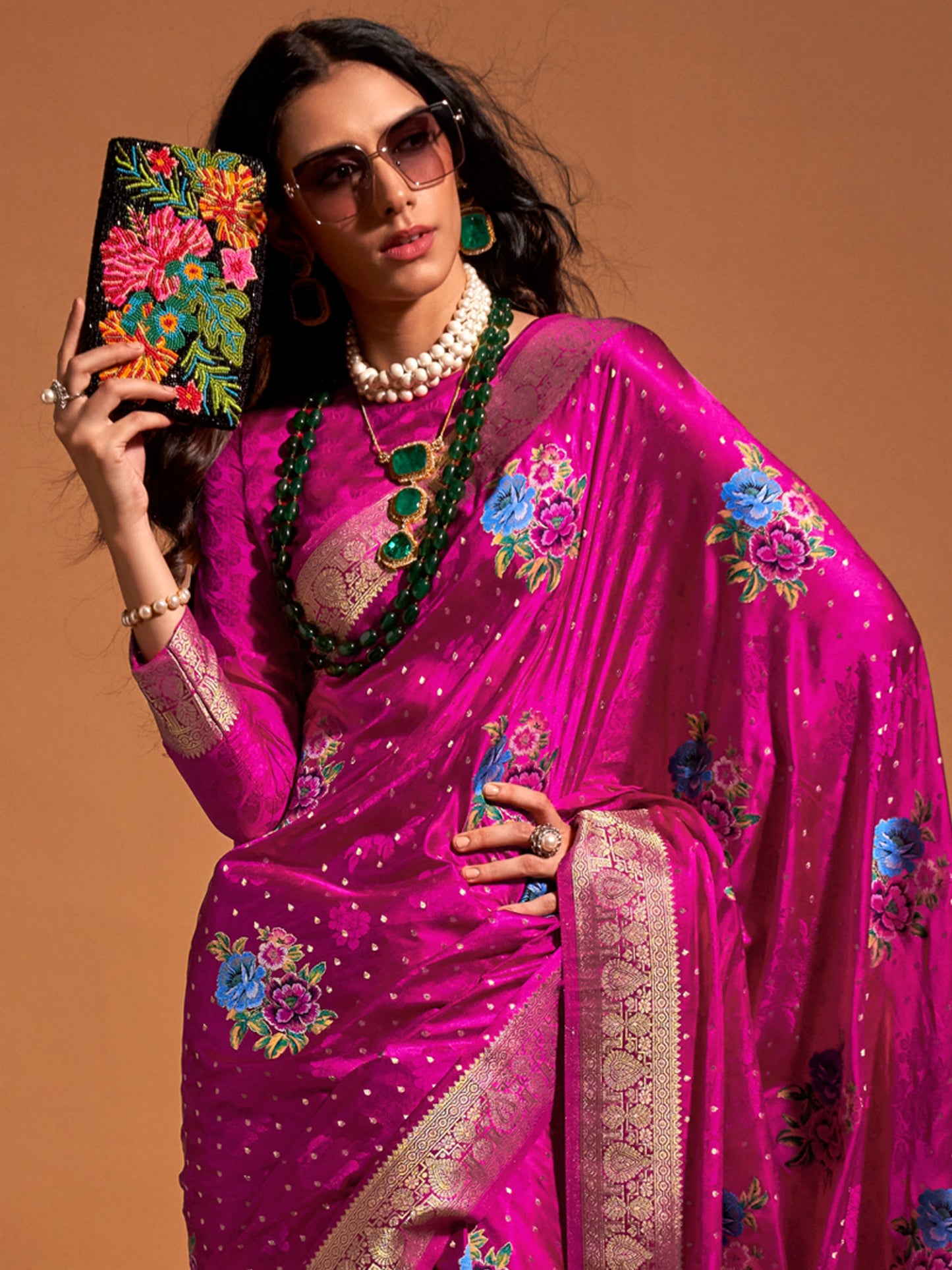 Women's Satin Silk Pink Woven Design Designer Saree With Blouse Piece