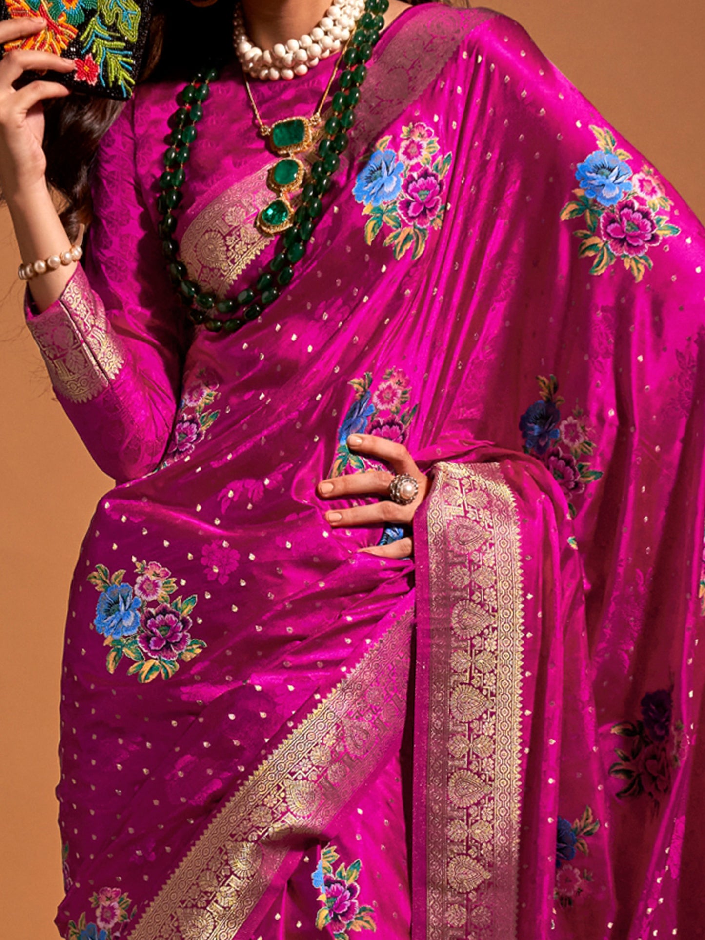Women's Satin Silk Pink Woven Design Designer Saree With Blouse Piece