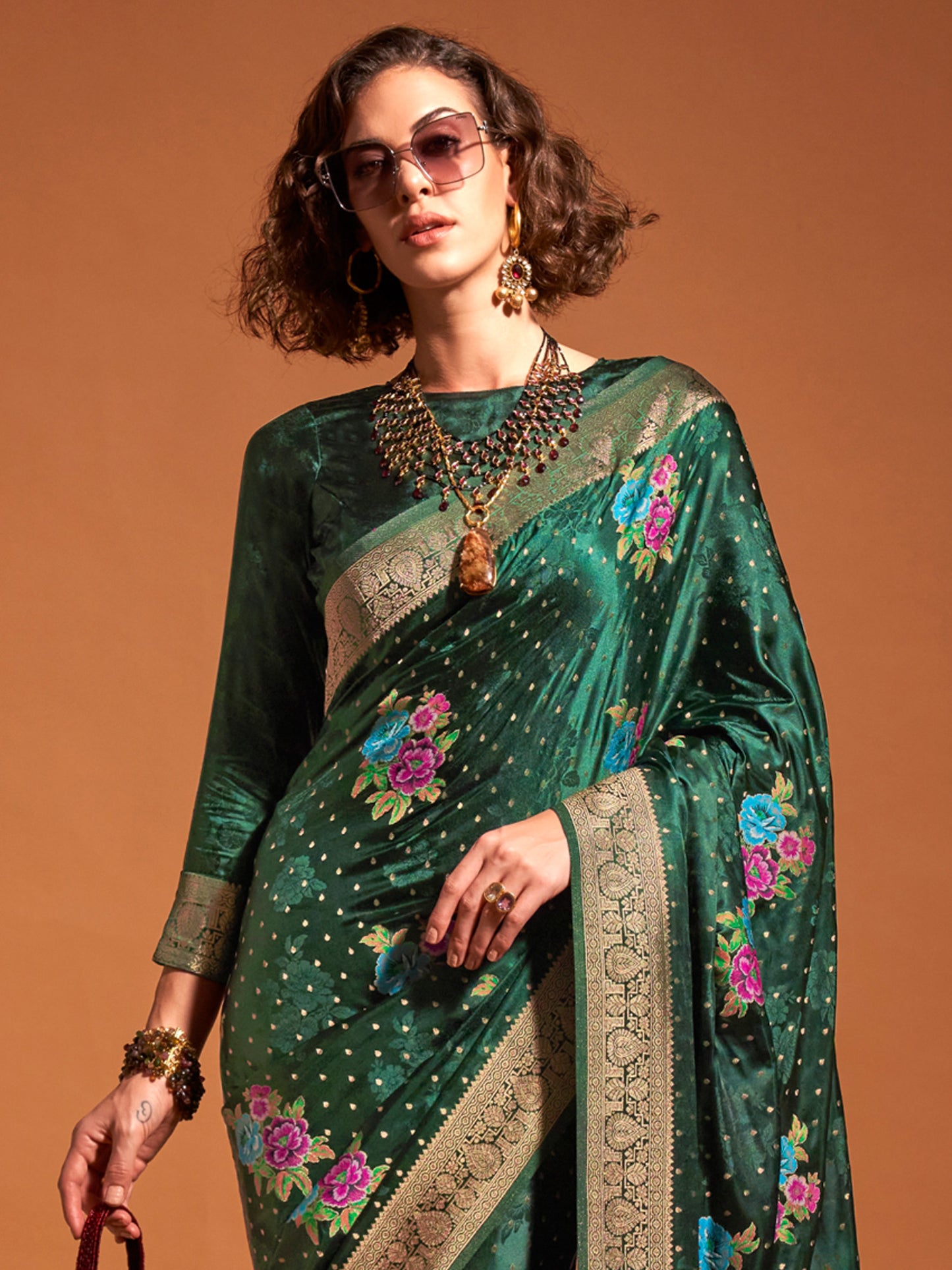Women's Satin Silk Dark Green Woven Design Designer Saree With Blouse Piece