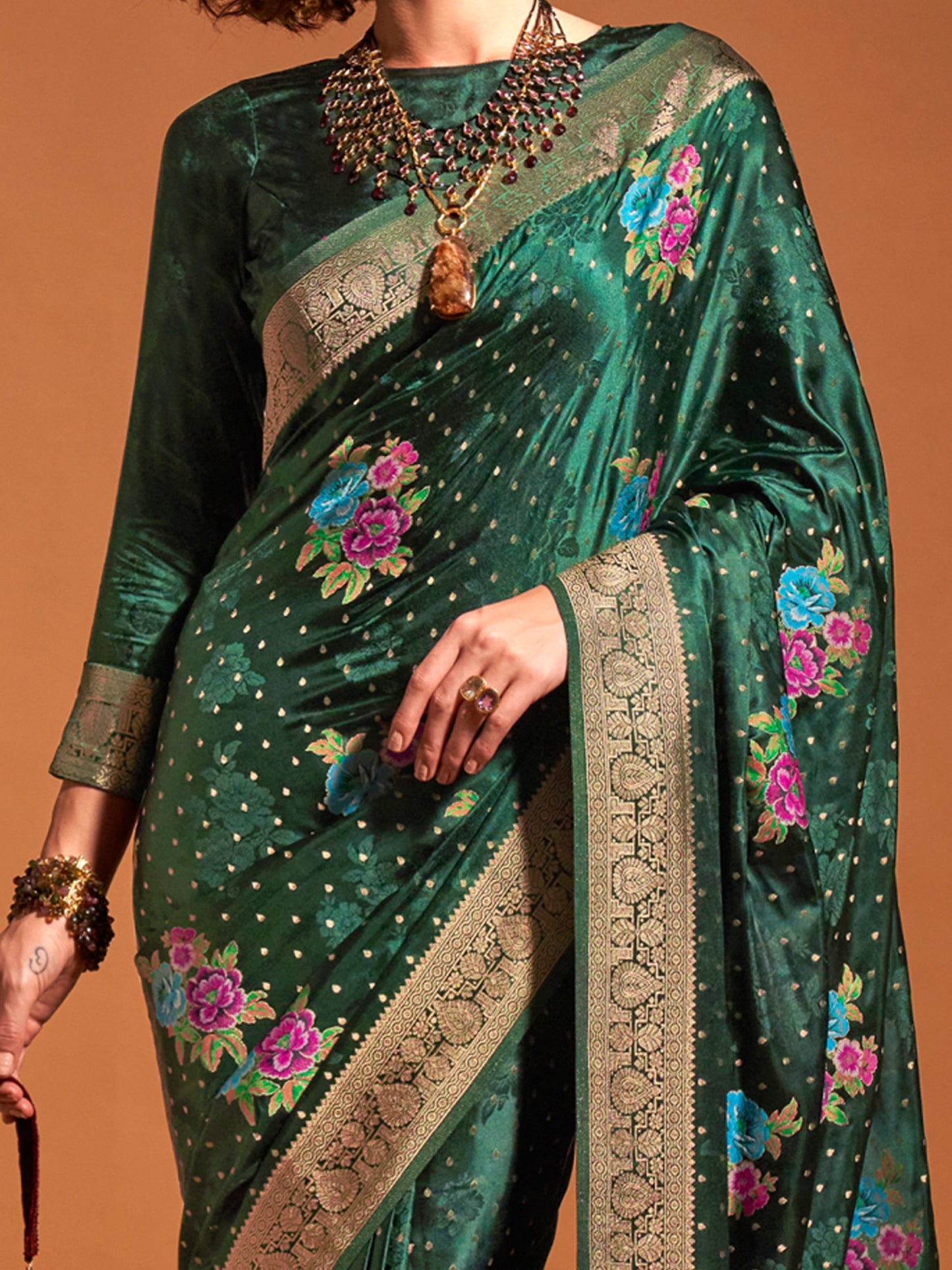 Women's Satin Silk Dark Green Woven Design Designer Saree With Blouse Piece