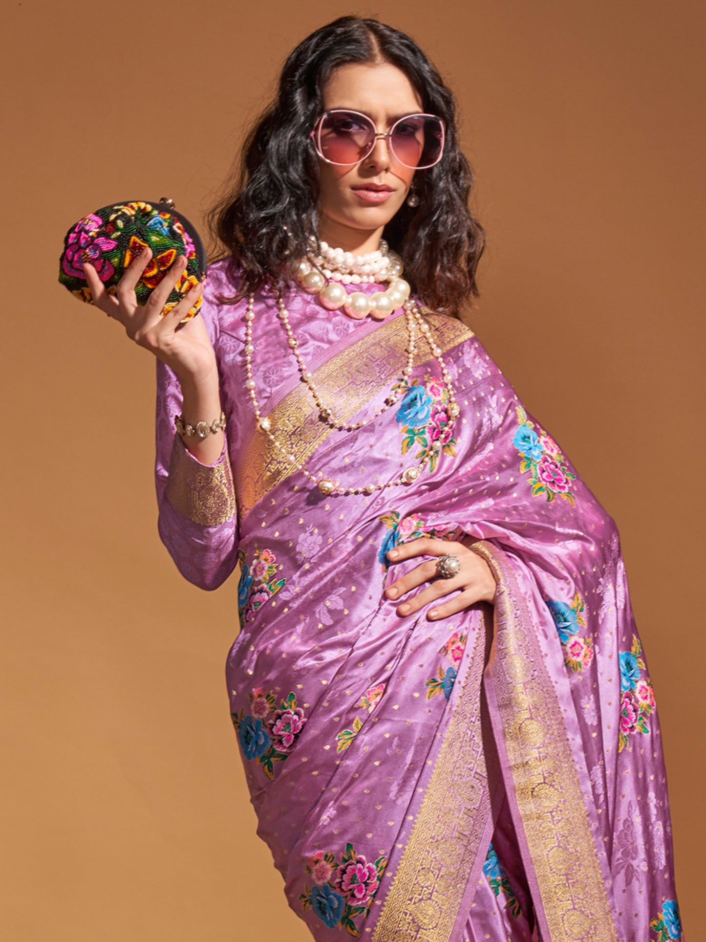 Women's Satin Silk Mauve Woven Design Designer Saree With Blouse Piece