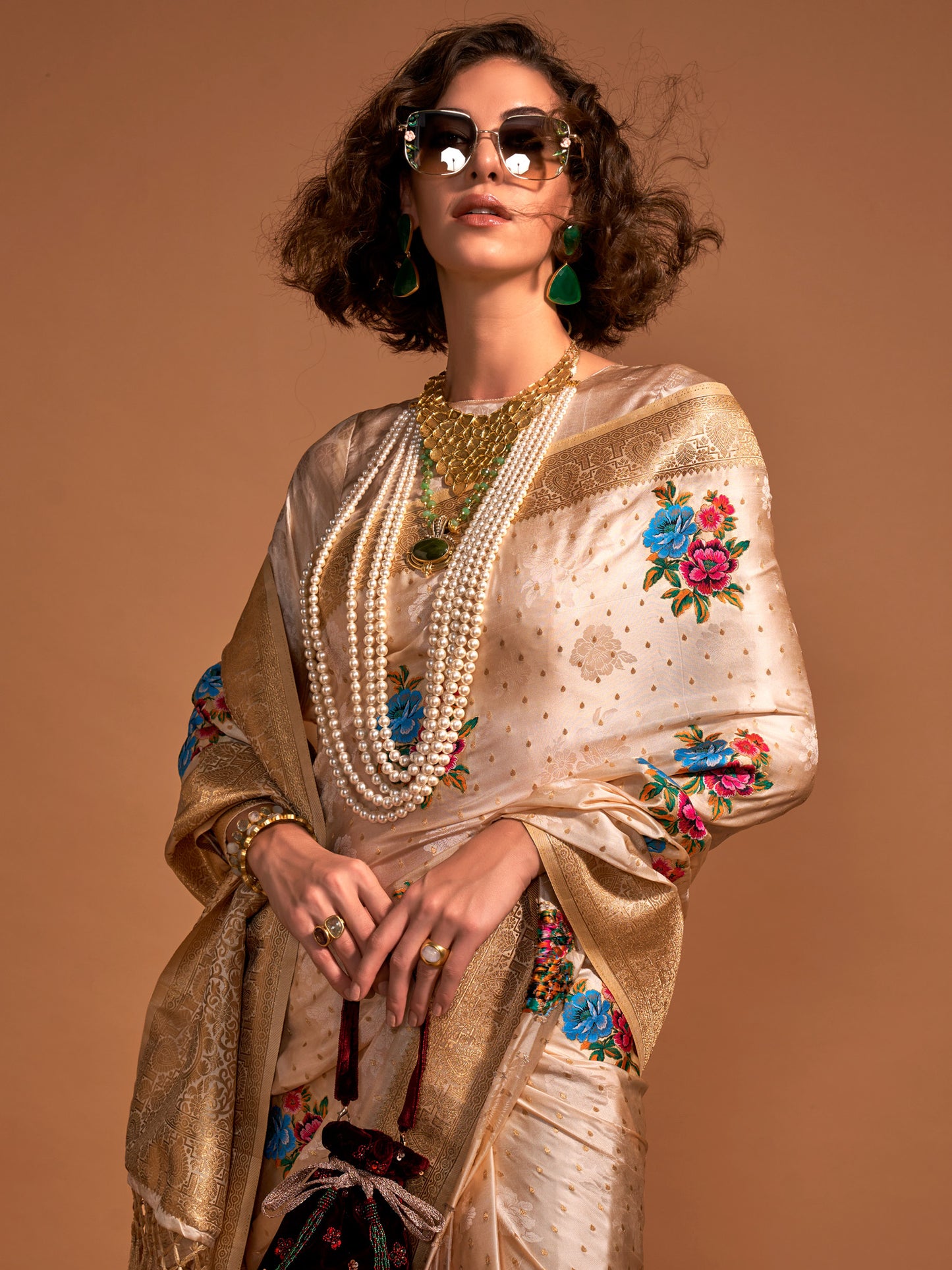 Women's Satin Silk Cream Woven Design Designer Saree With Blouse Piece