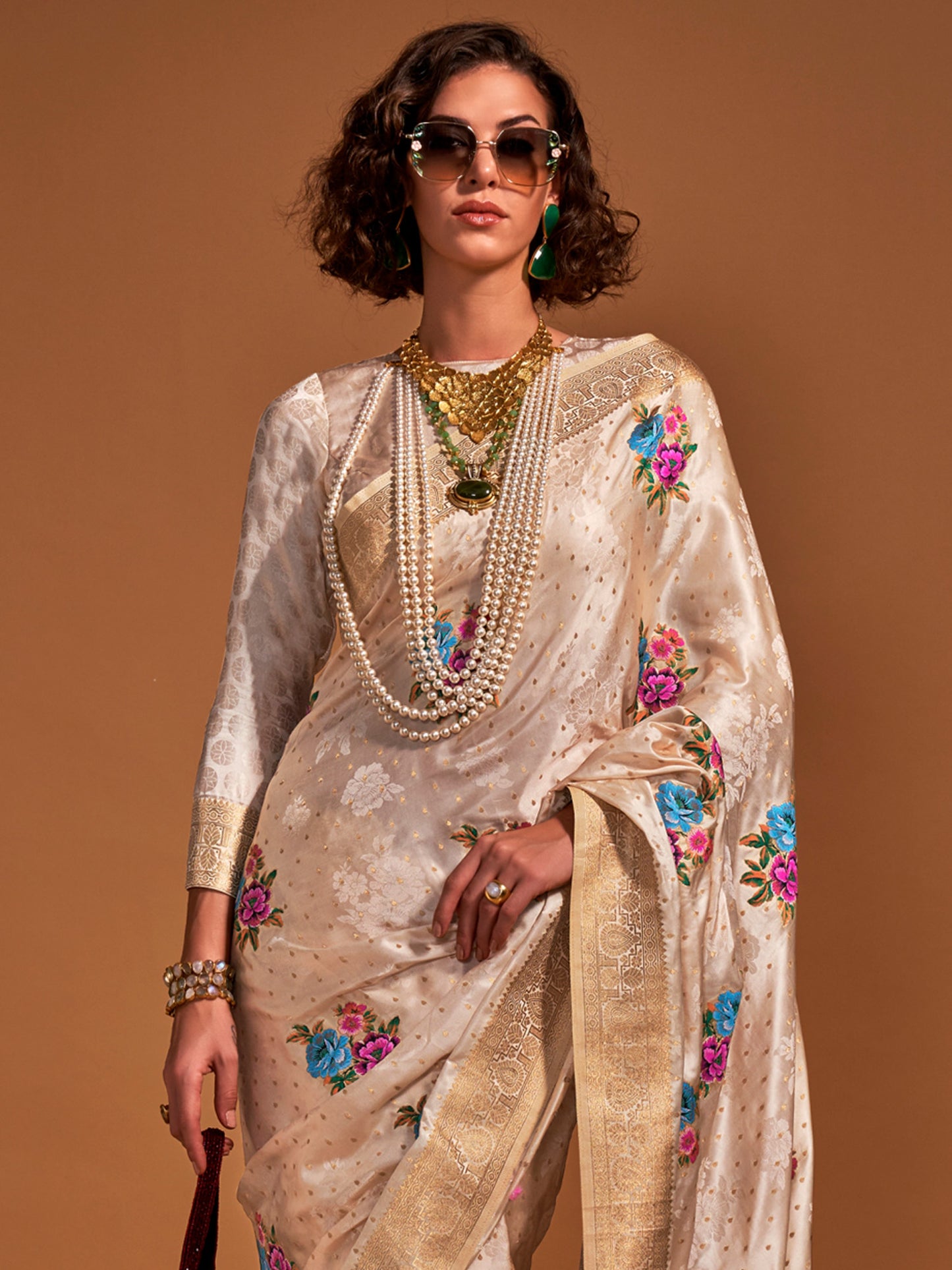 Women's Satin Silk Cream Woven Design Designer Saree With Blouse Piece
