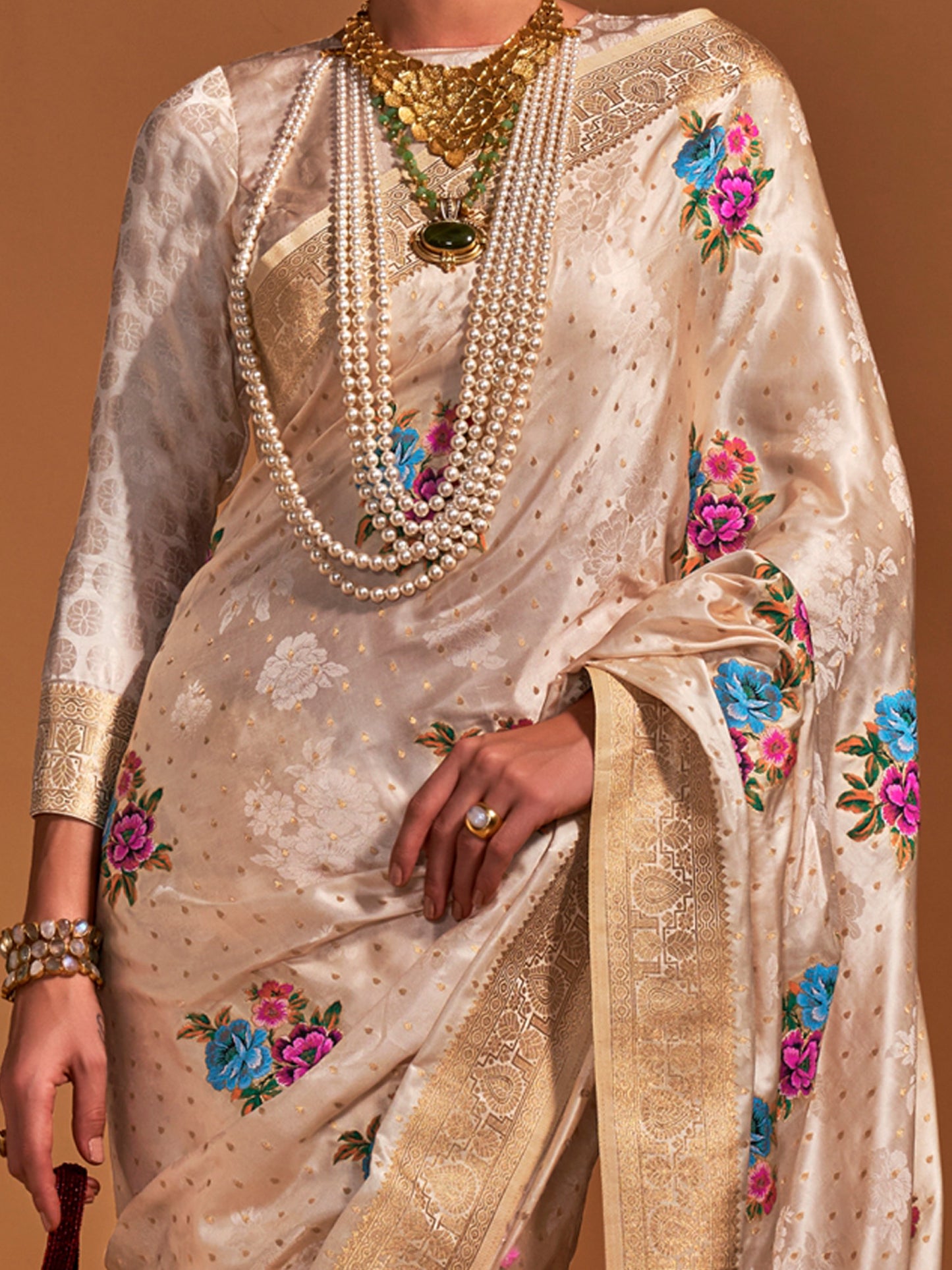 Women's Satin Silk Cream Woven Design Designer Saree With Blouse Piece