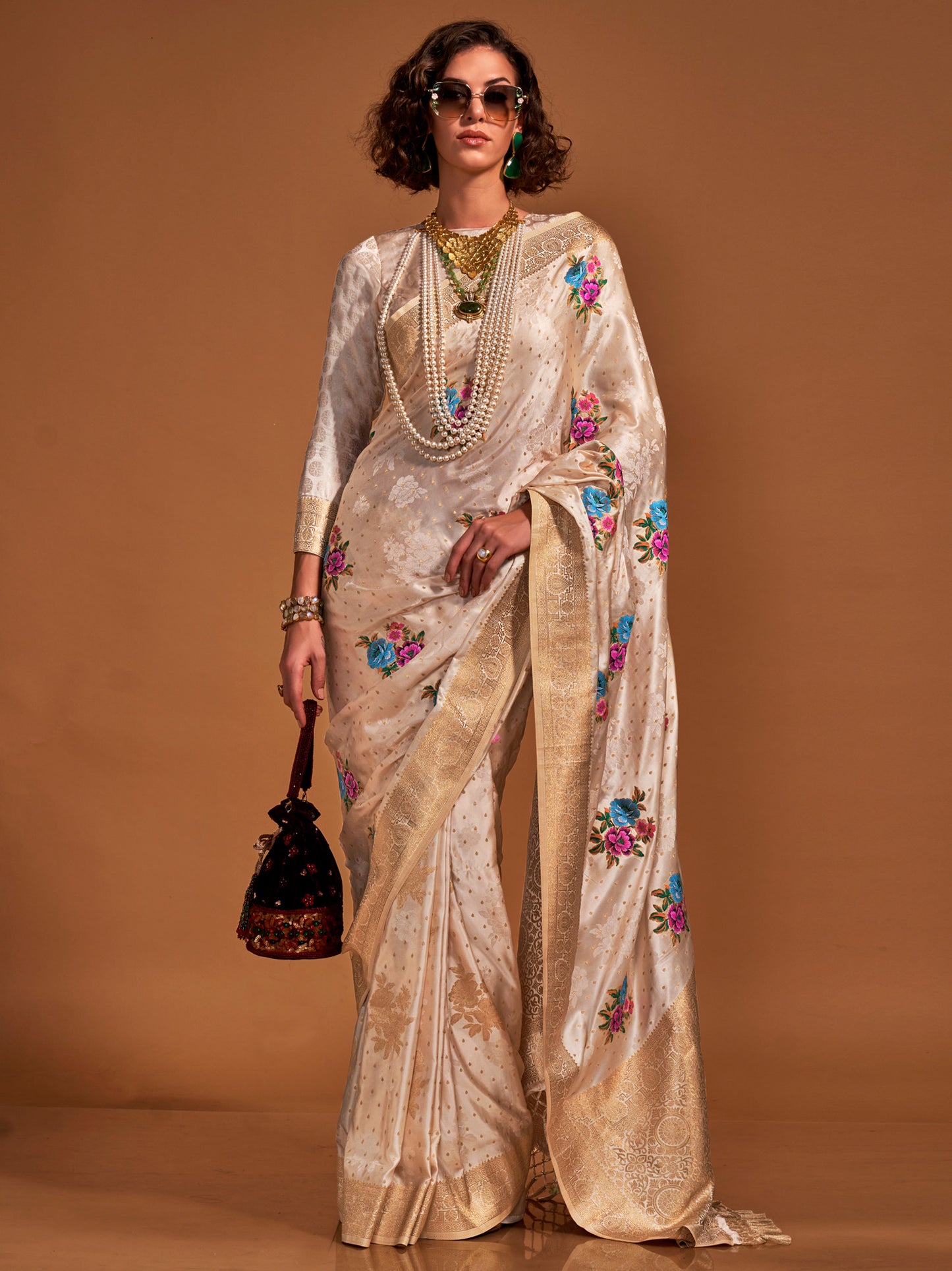 Women's Satin Silk Cream Woven Design Designer Saree With Blouse Piece