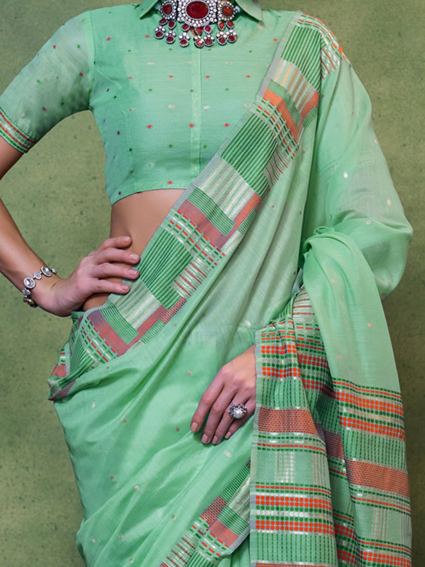 Women's Silk Blend Sea Green Woven Design Designer Saree With Blouse Piece