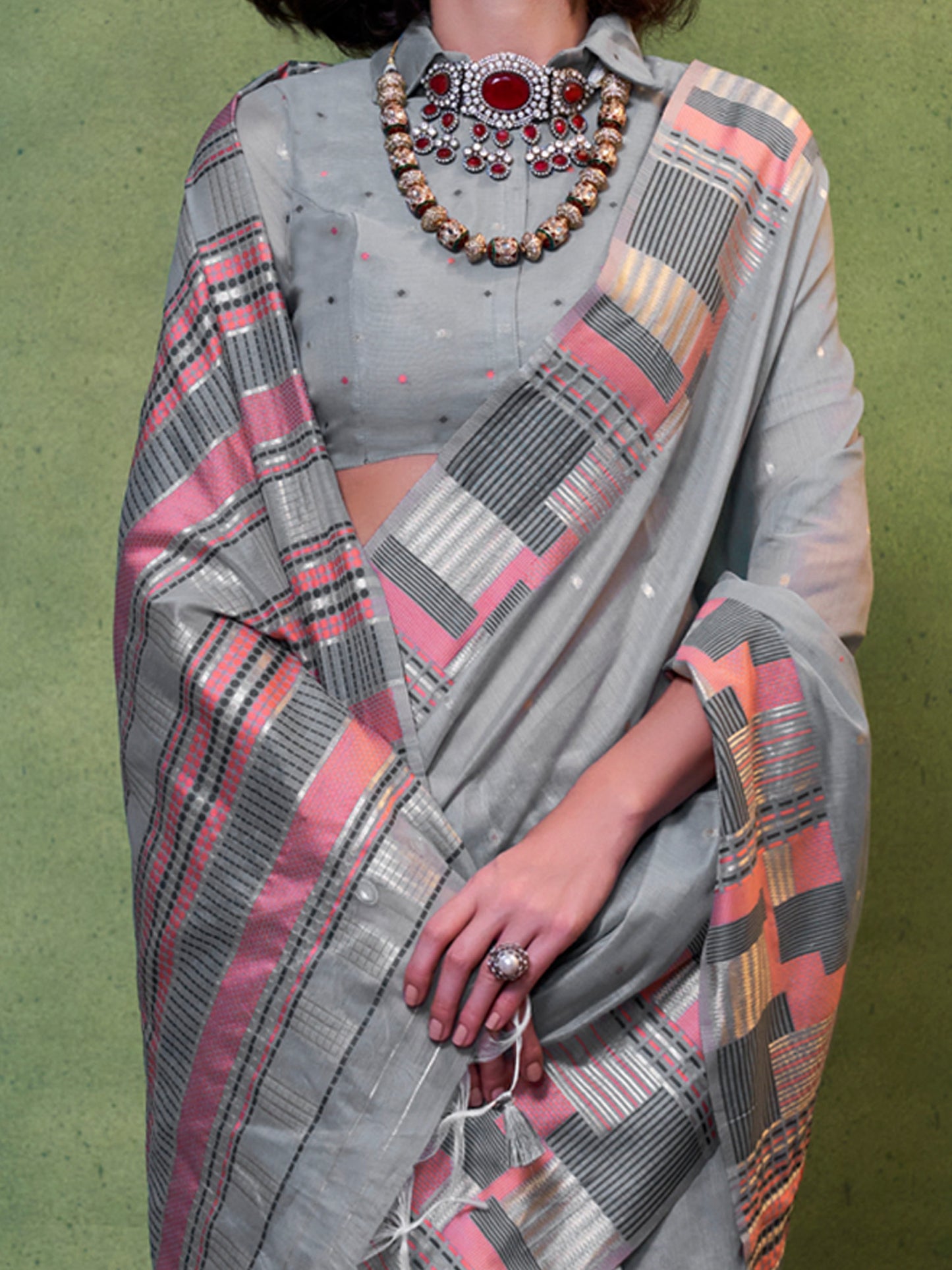 Women's Silk Blend Grey Woven Design Designer Saree With Blouse Piece